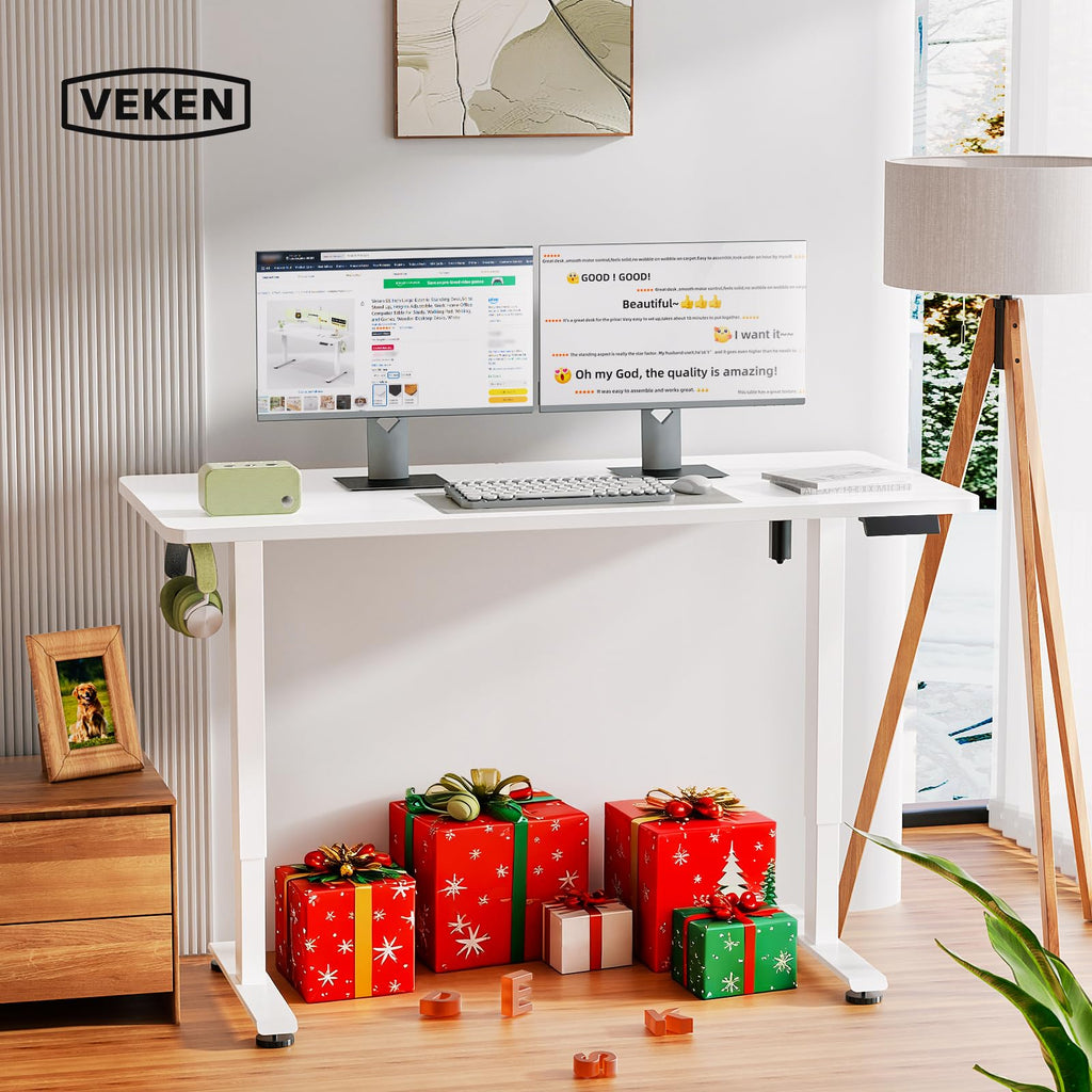 55 Inch Large Electric Standing Desk,Sit to Stand Up, Heights Adjustable, Work Home Office Computer Table for Study, Walking Pad, Writing, and Games, Wooden Desktop Desks, White