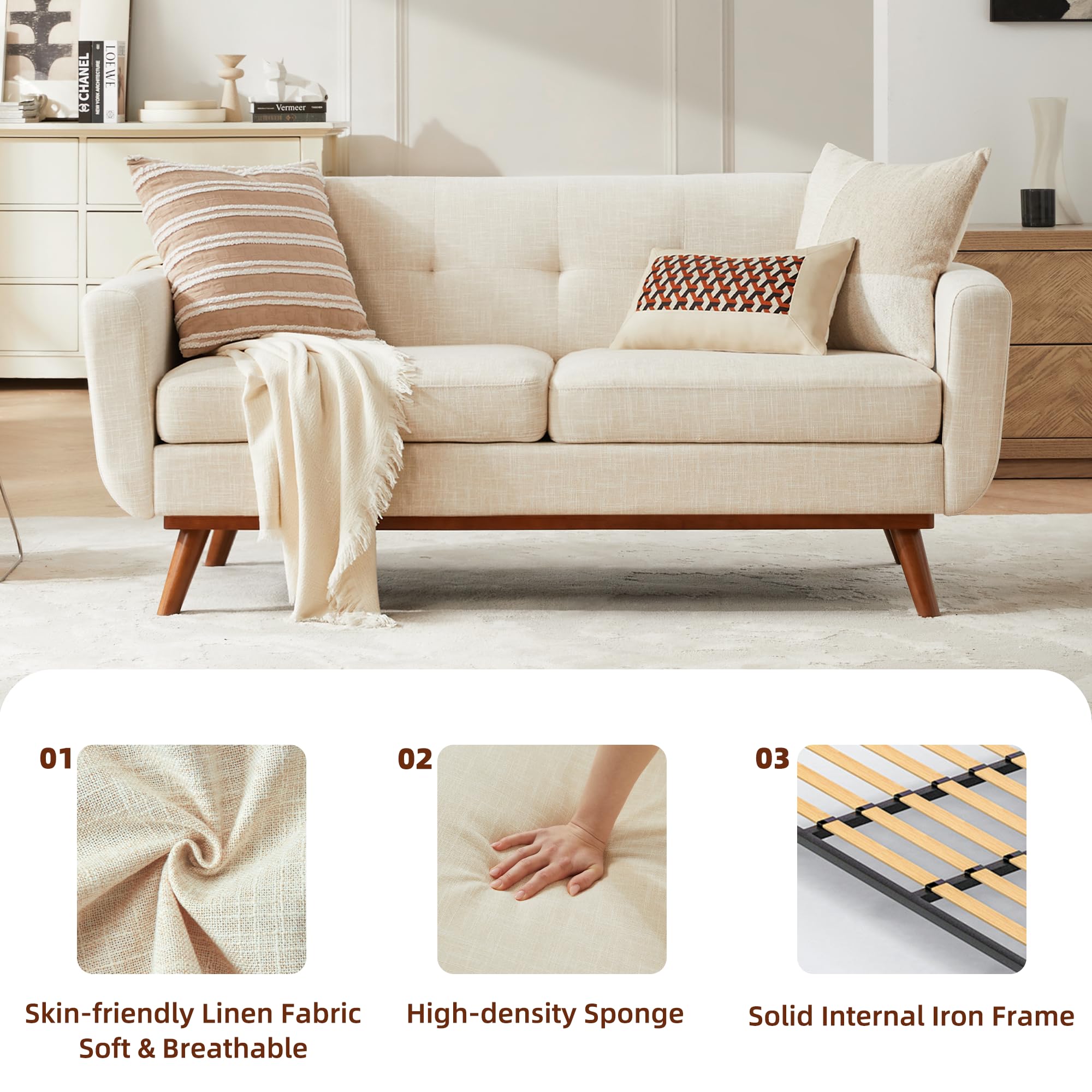 65.2" W Loveseat Sofa, Easy to Install Small Couch for Bedroom Office Apartment, Cream White