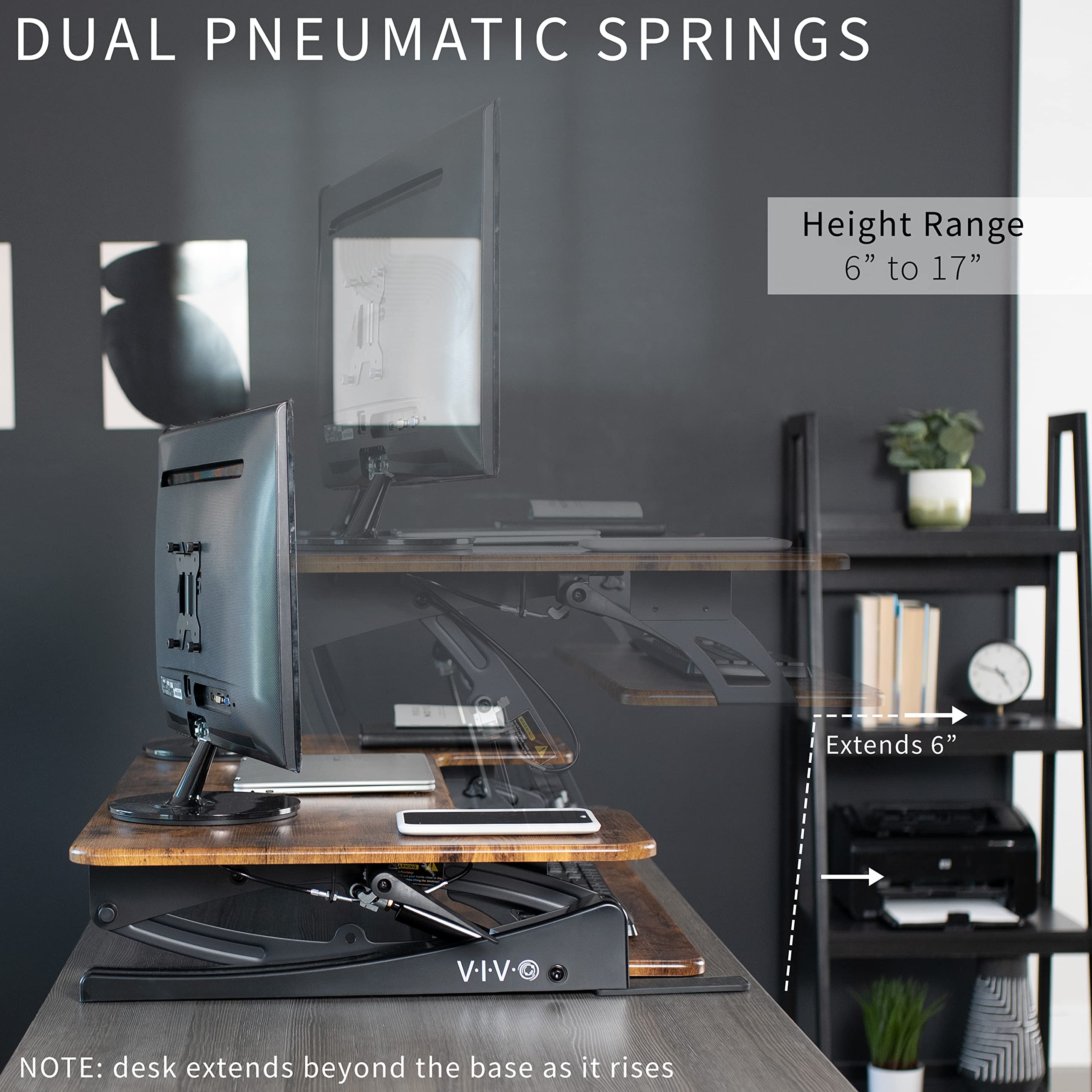 42 inch Height Adjustable Stand Up Desk Converter, V Series, Quick Sit to Stand Tabletop Dual Monitor Riser Workstation, Rustic Vintage Brown Top, Black Frame, DESK-V000VLN