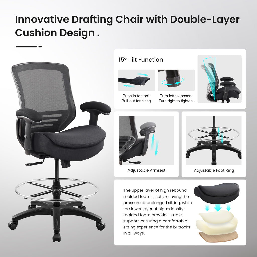 400lbs Ergonomic Office Drafting Chair Mid Mesh Back for Height Adjustable Desk 21inch Foot Ring Height Adjustable Armrest (Black) ﻿
