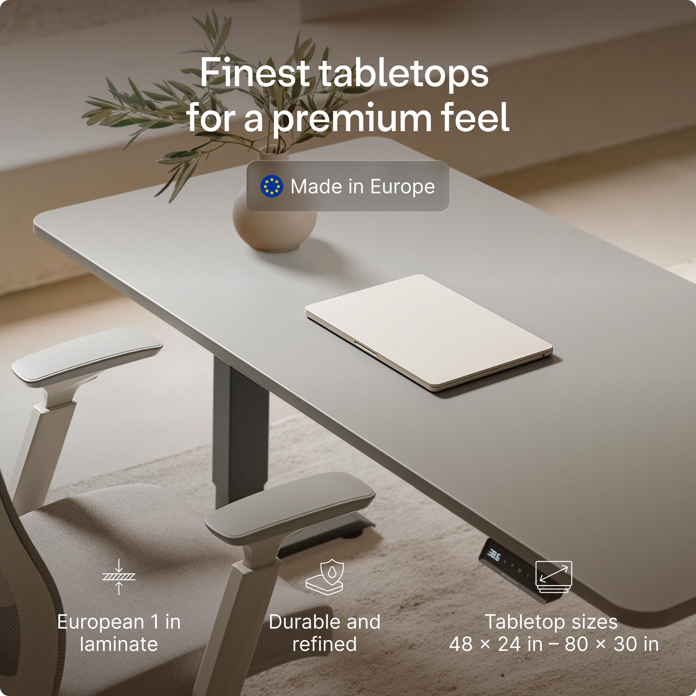 Standing Desk 54x28 — Made in Europe, Ergonomic Sit Stand Home Office Desk, Electric Height Adjustable, Dual Motor, USB & USB-C Charging, Wobble-Free, Touchscreen, 3 Memory Presets