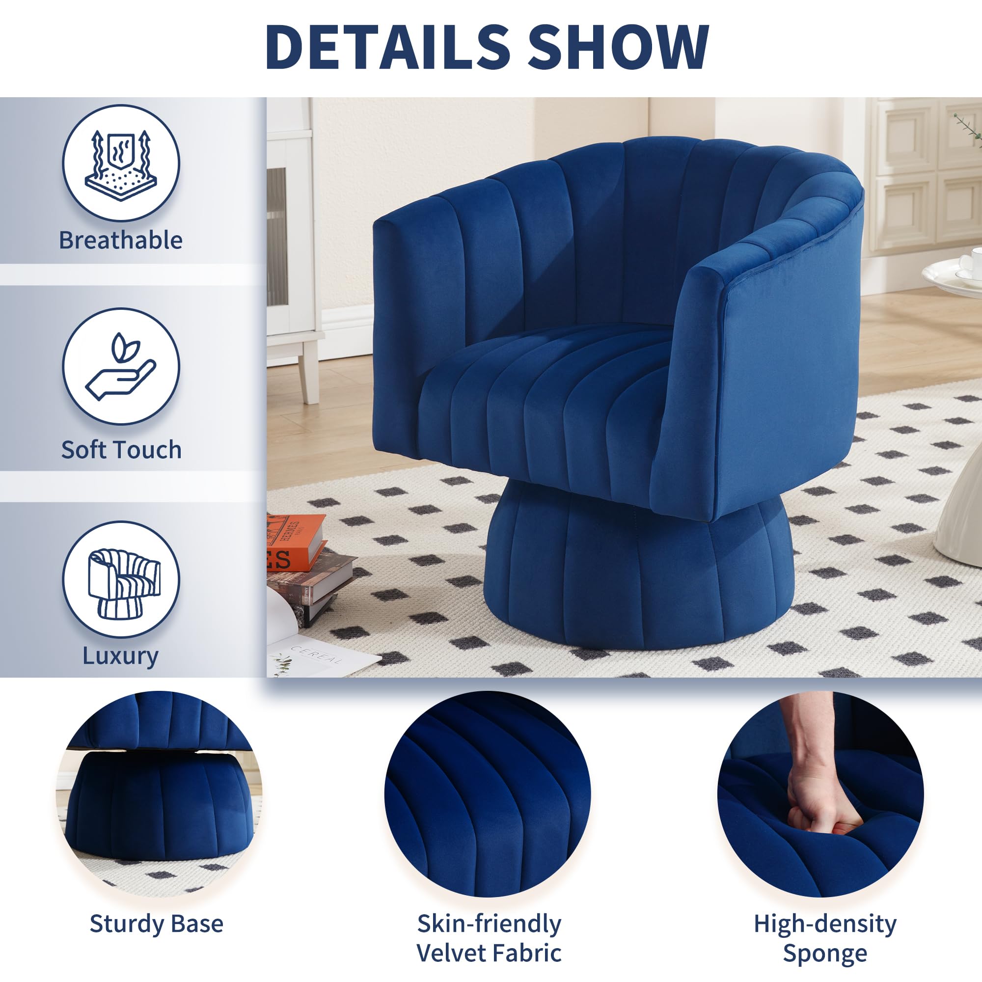 Swivel Accent Barrel Chair Set of 2- Cute Comfy Small Round Arm Chair Velvet Sofa Club Reading Chair for office Living Room Bedroom Dark Blue