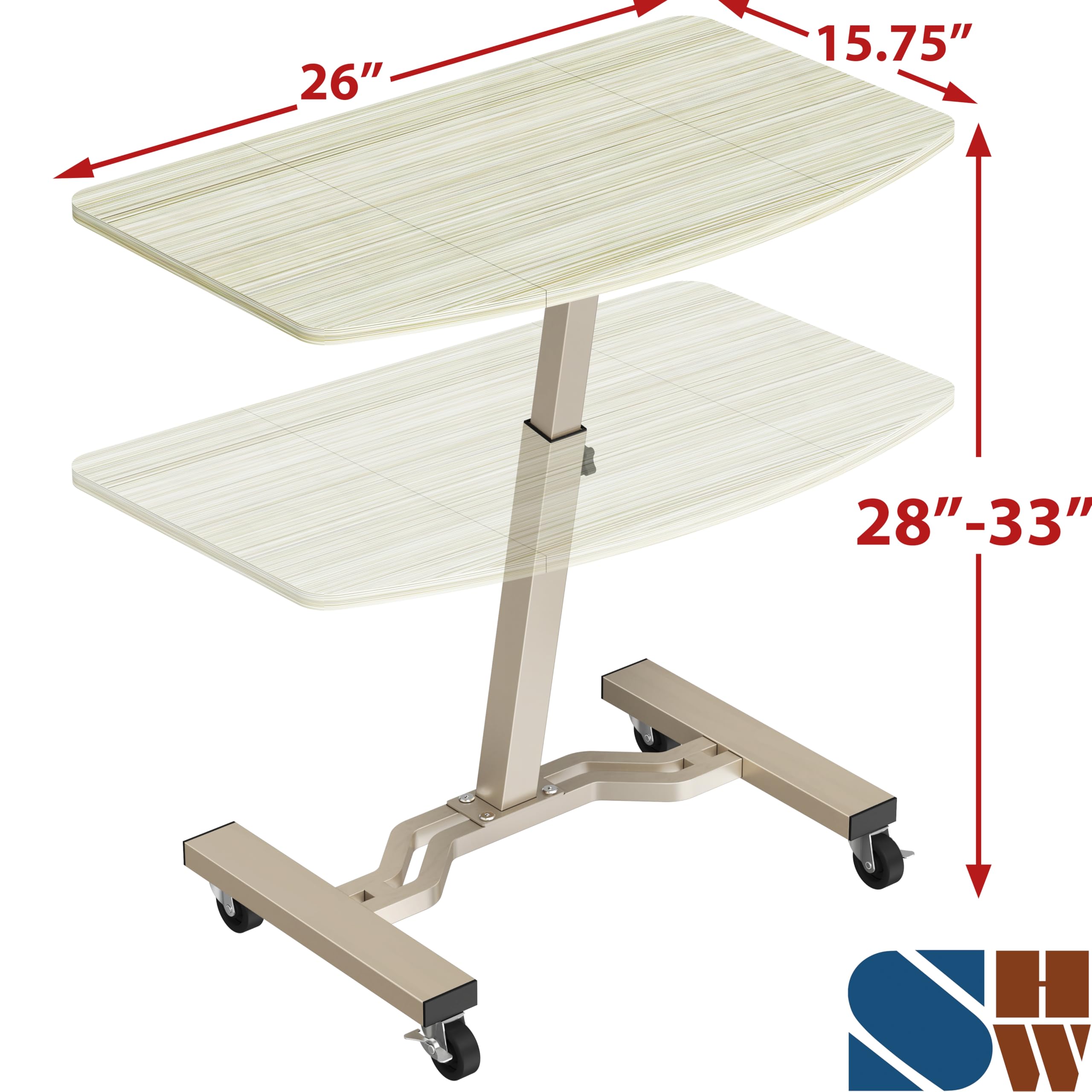 Mobile Height Adjustable Laptop Rolling Cart with Height Adjustment from 28" to 33", Maple