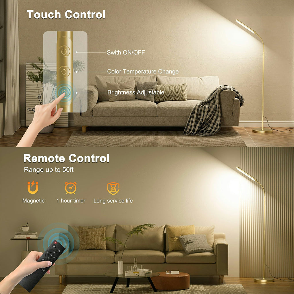 LED Floor Lamp, Super Bright Reading Lamps Floor Standing lamp with Remote & Touch Control, Stepless Dimming & 2700K-6500K Color Temperature, for Living Room Bedroom Office, Gold