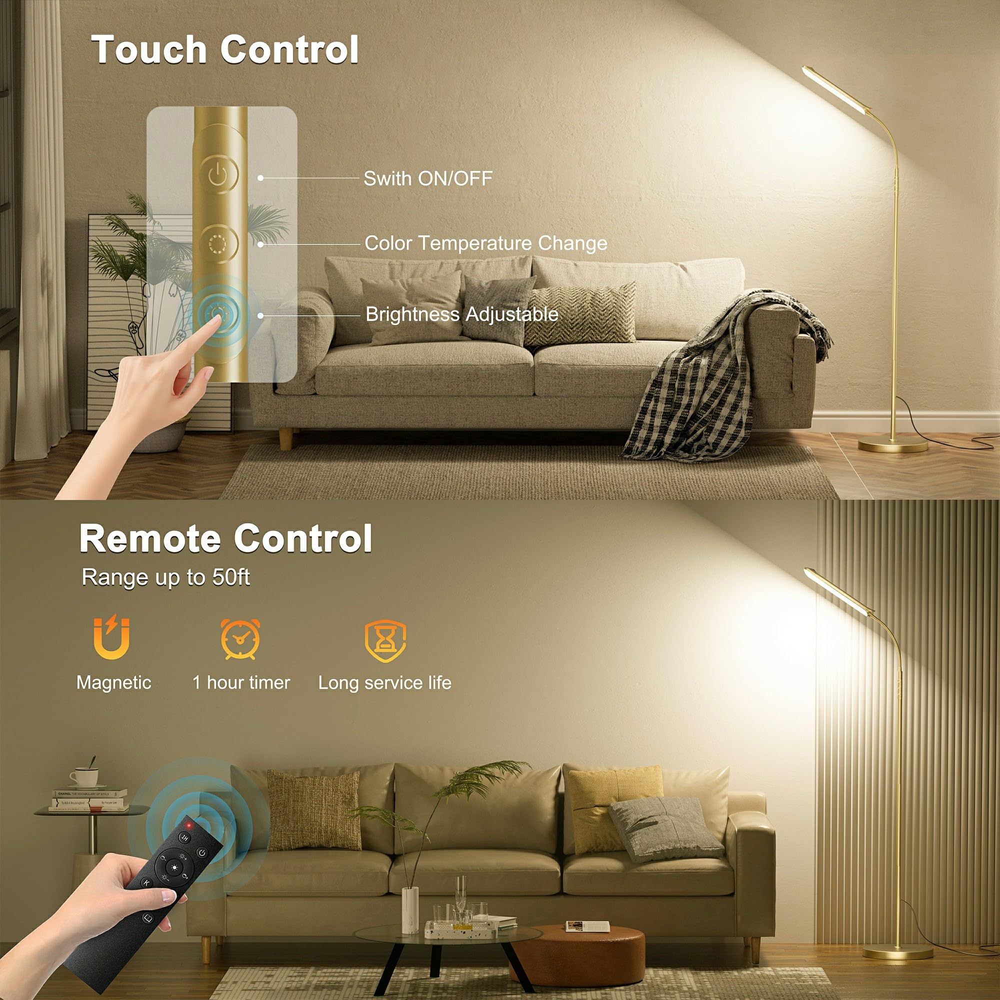 LED Floor Lamp, Super Bright Reading Lamps Floor Standing lamp with Remote & Touch Control, Stepless Dimming & 2700K-6500K Color Temperature, for Living Room Bedroom Office, Gold