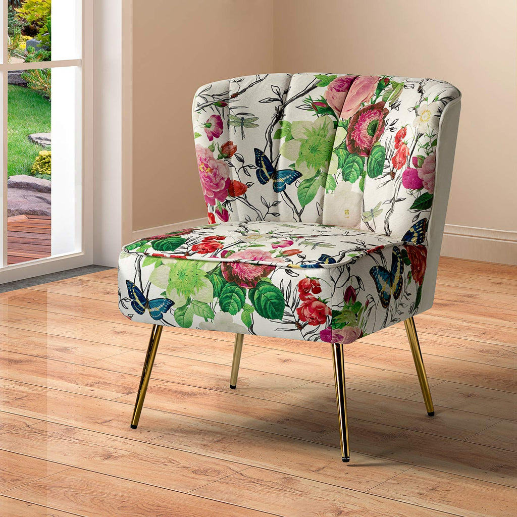 Armless Accent Chair with Gold Metal Legs, Comfy Tufted Floral Fabric Living Room Chair Wingback Small Side Chair, Upholstered Slipper Chair for Bedroom, Reading Room (Print Flower, IVORY)