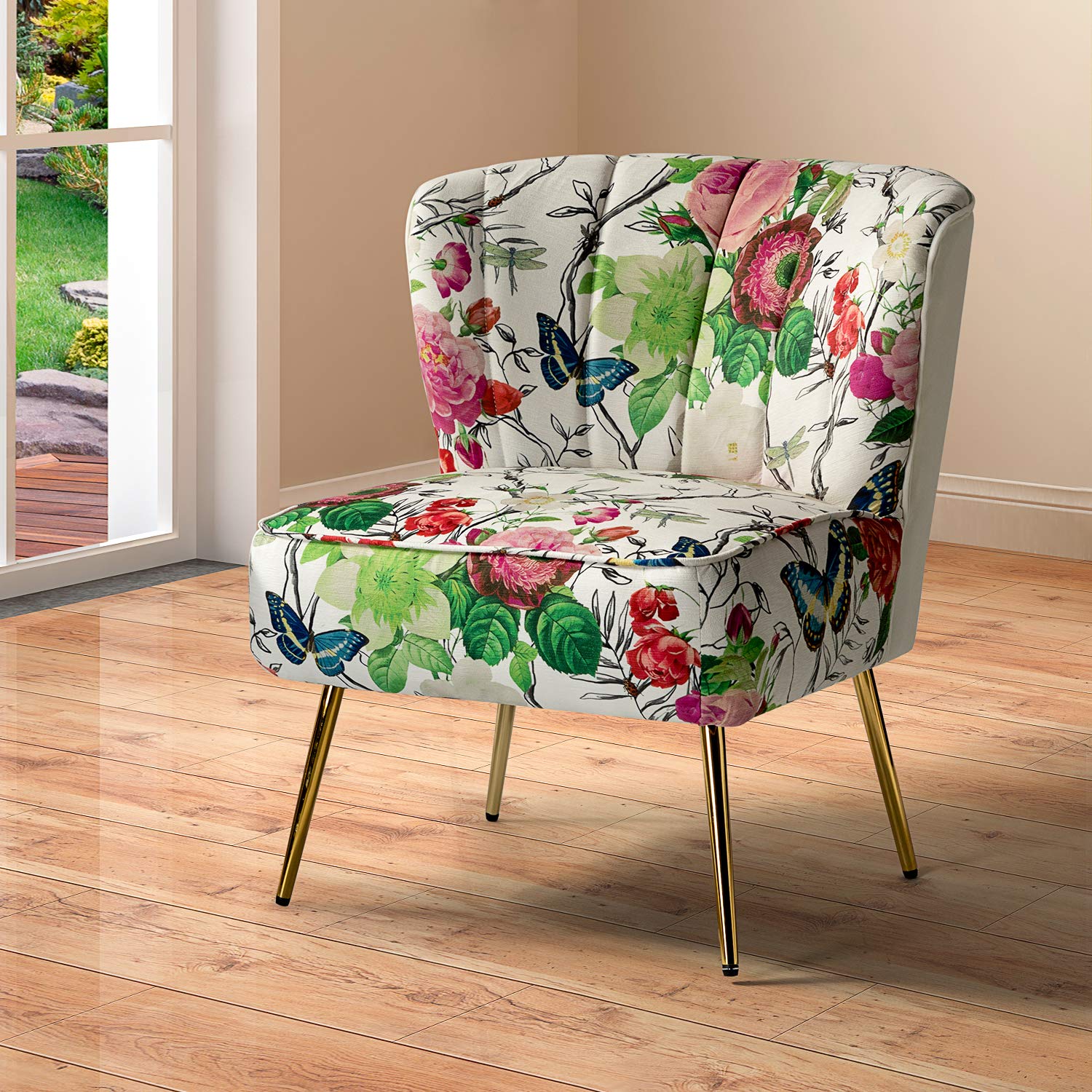 Armless Accent Chair with Gold Metal Legs, Comfy Tufted Floral Fabric Living Room Chair Wingback Small Side Chair, Upholstered Slipper Chair for Bedroom, Reading Room (Print Flower, IVORY)