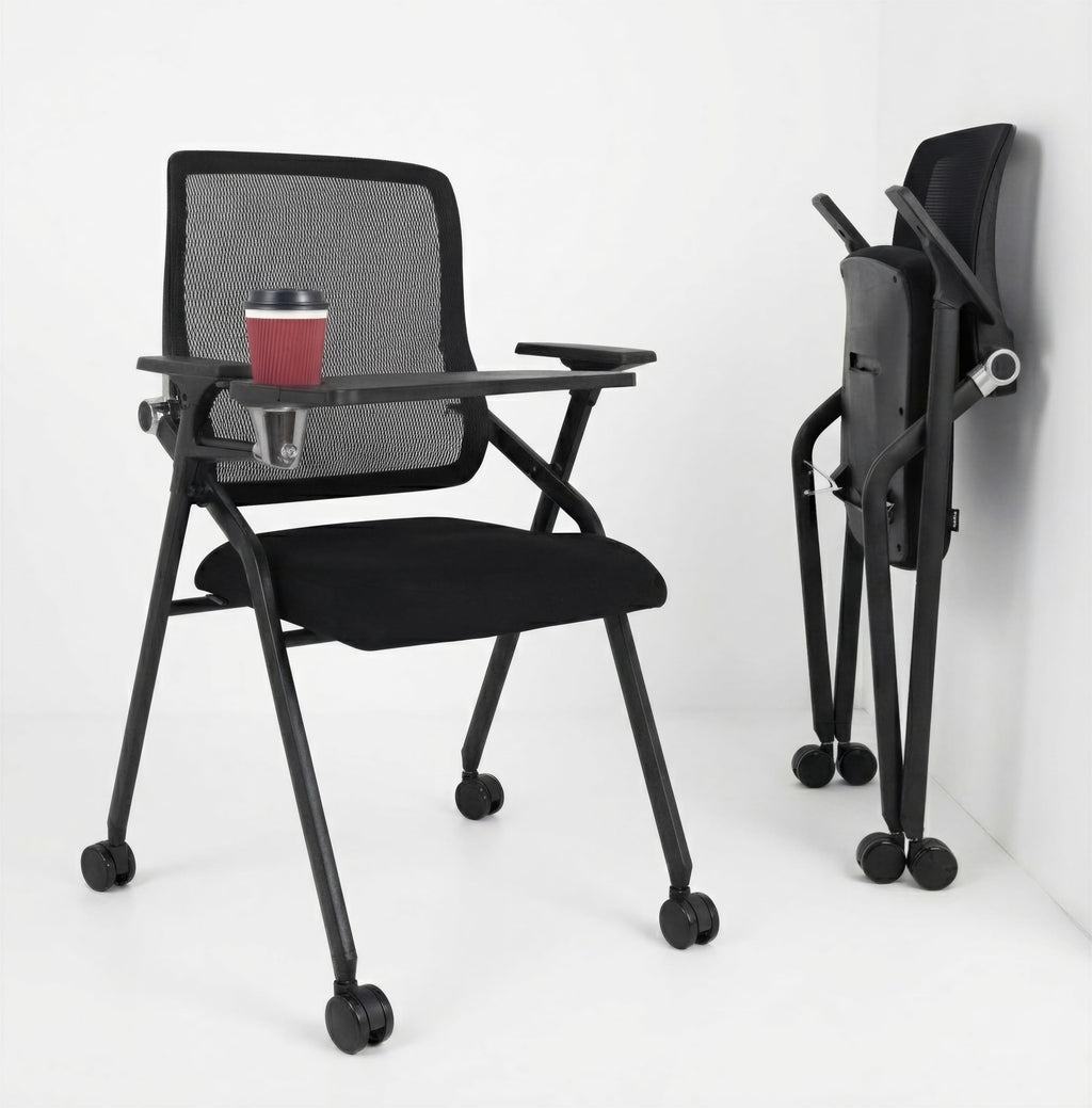 Updated Conference Room Chairs with Tablet Arm, Folding Office Desk Chair with Lumbar Support and Sliding Armrest with Casters, Stackable Office Guest Chairs & Reception Chairs, 1 Pack Black