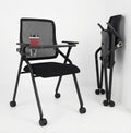 Updated Conference Room Chairs with Tablet Arm, Folding Office Desk Chair with Lumbar Support and Sliding Armrest with Casters, Stackable Office Guest Chairs & Reception Chairs, 1 Pack Black