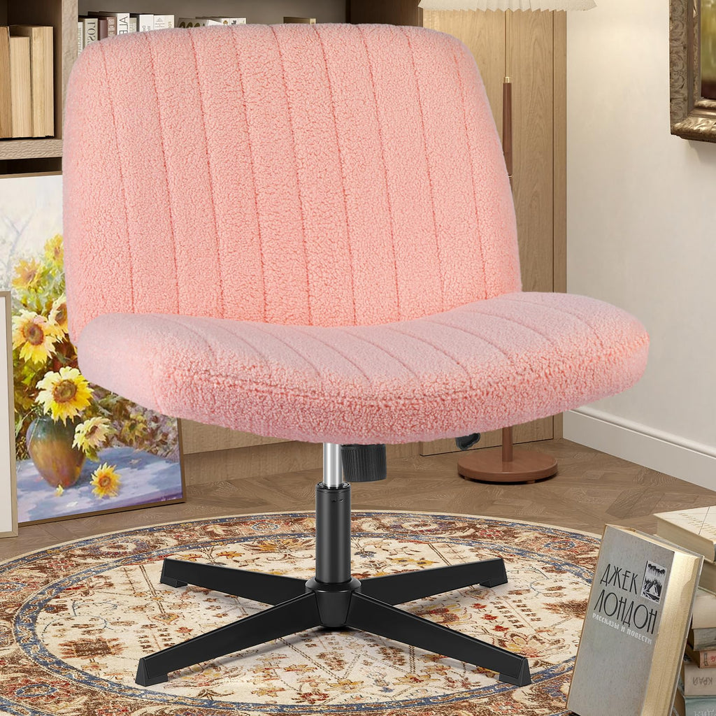 Criss Cross Chairs Legged Armless No Wheels Wide Seat Height Adjustable Swivel Rolling Padded Furry Cute Home Office Desk Seating for Bedroom, Student, Study Room