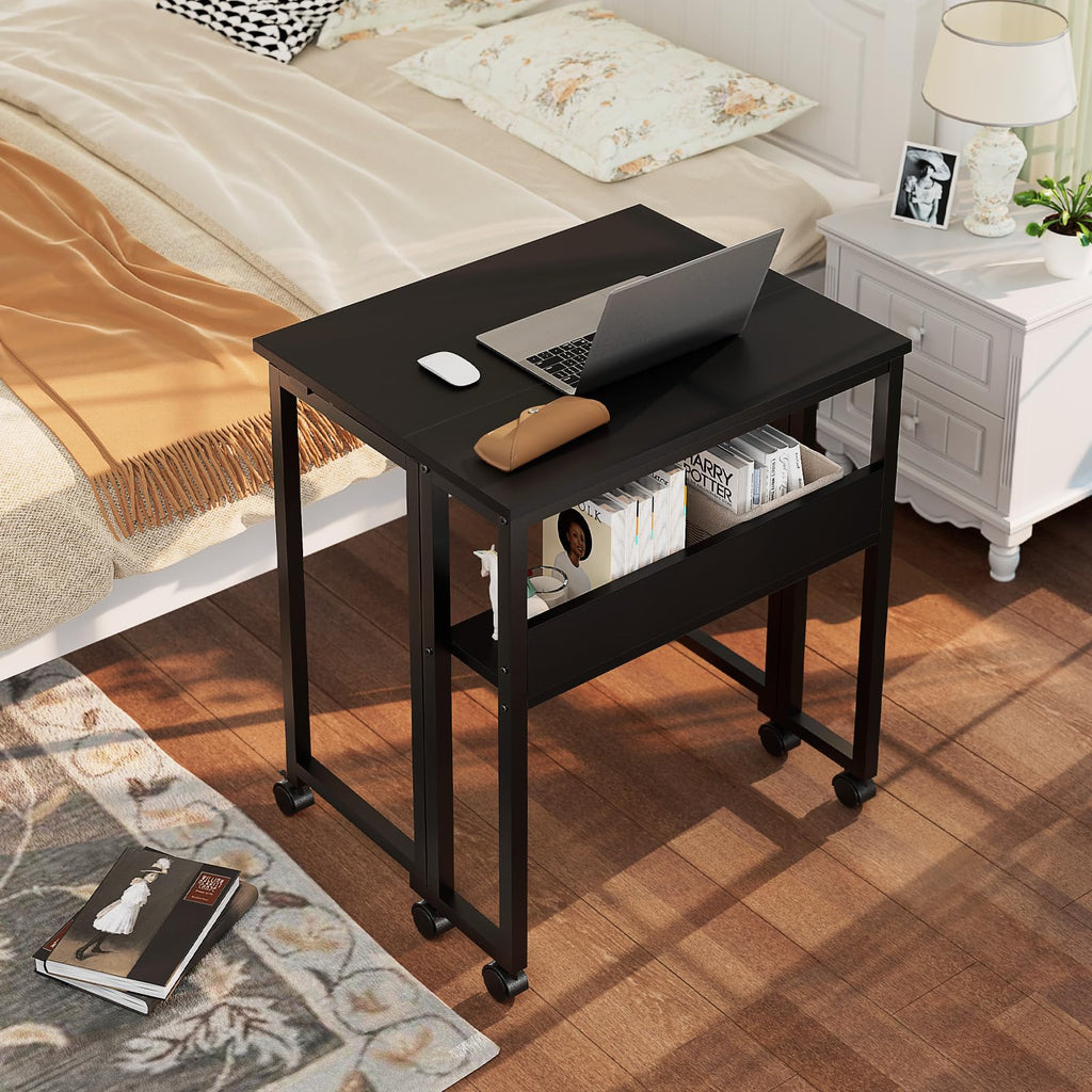 Folding Desk with Wheels, 31.5 Inch Compact Rolling Computer Table with Storage Shelf, Portable Mobile Workstation for Small Spaces, Easy Assembly, Black