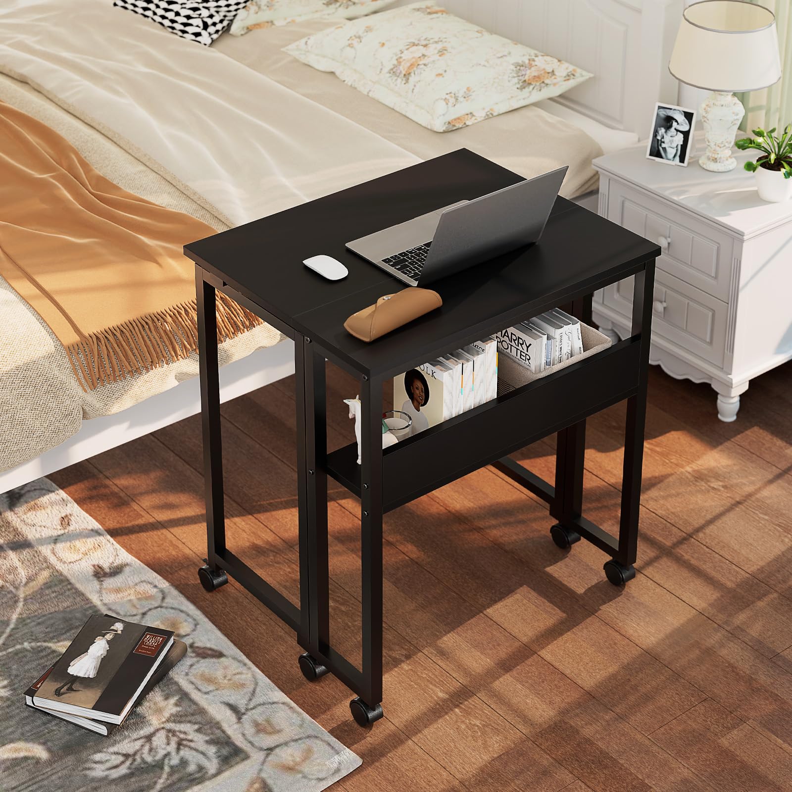 Folding Desk with Wheels, 31.5 Inch Compact Rolling Computer Table with Storage Shelf, Portable Mobile Workstation for Small Spaces, Easy Assembly, Black