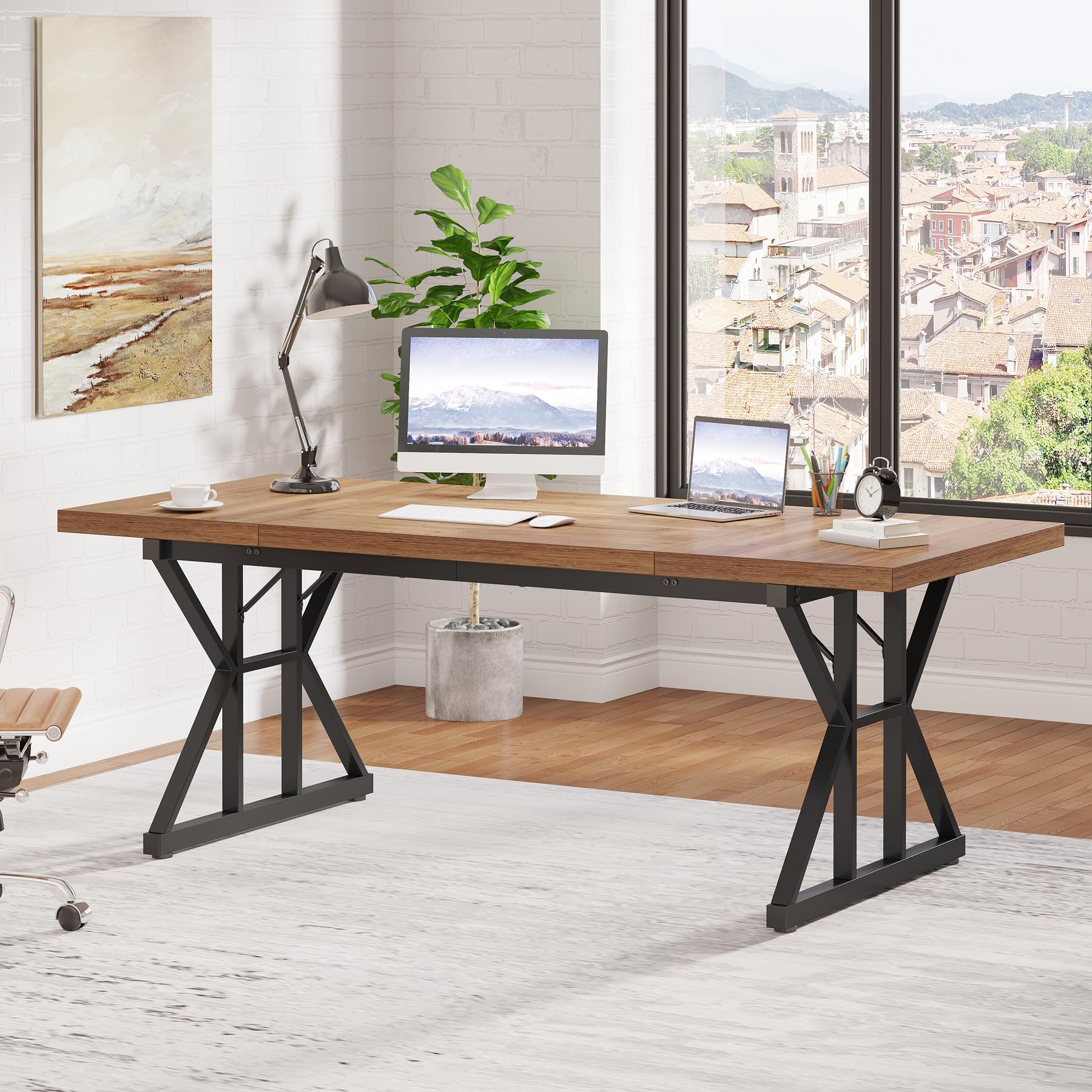 70.8-Inch Executive Desk, Large Computer Office Desk Workstation, Modern Simple Style Laptop Desk Study Writing Table Business Furniture for Home Office (Light Brown, 70.8 Inch)