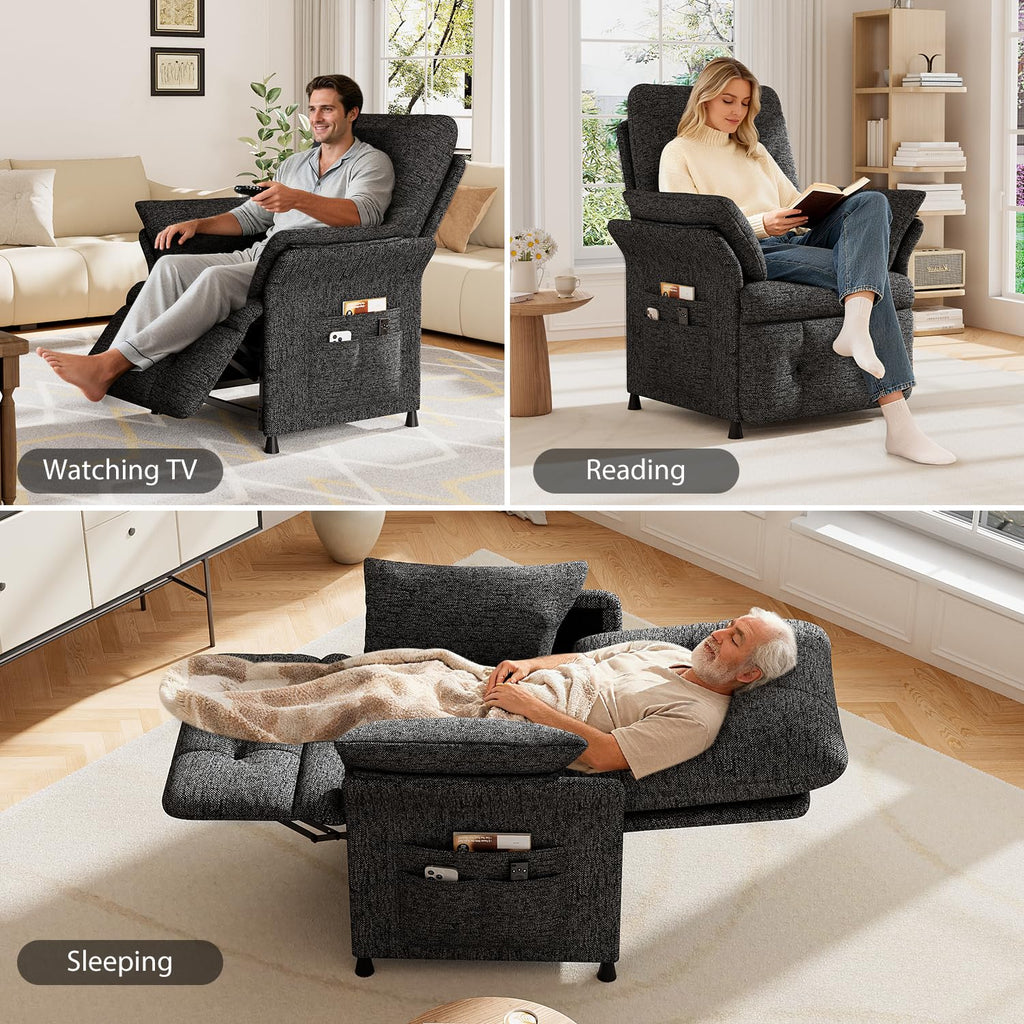 Power Recliner Chair for Adults with Heat & Massage - Linen Electric Reclining Sofa with Remote Control, 3 Side Pockets, 180° Lay Sleeper for Home Theater Living Room, Dark Grey