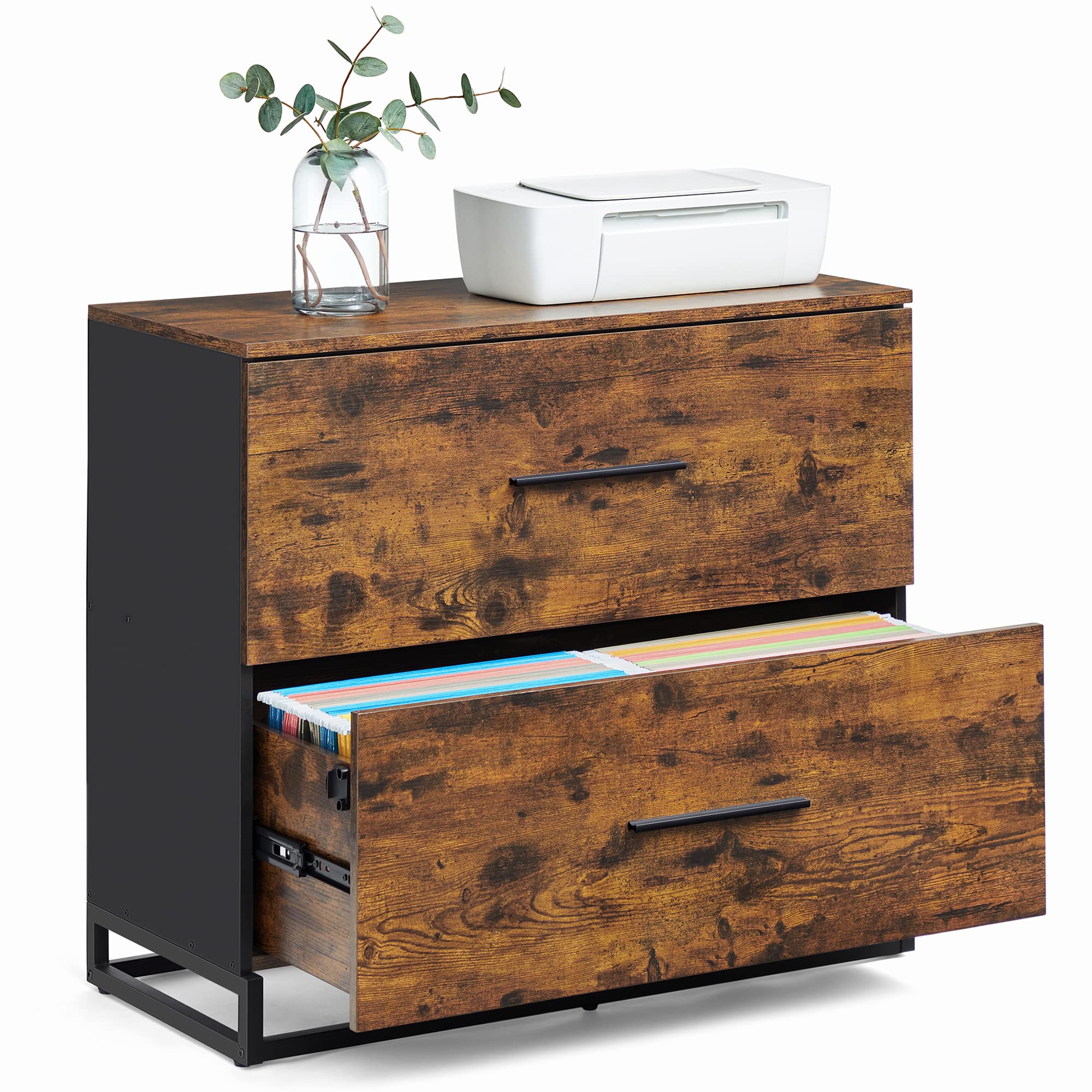 File Cabinet, Home Office Printer Stand, 2-Drawer Filing Cabinet, with Anti-tip Interlocking Mechanism, for A4, Letter-Size, Legal-Size Hanging Files, Rustic Brown and Ink Black