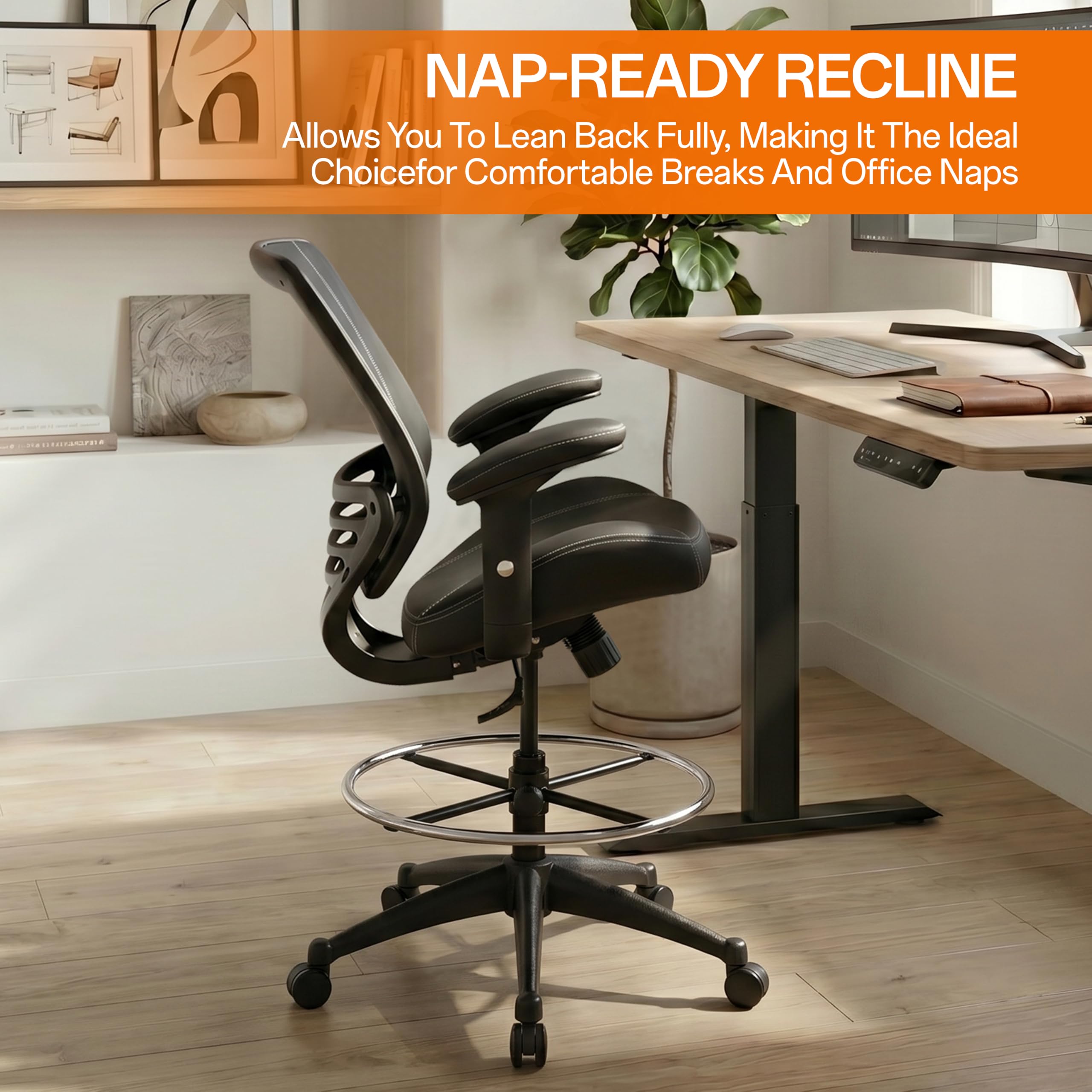 400lbs Mid Back Premium Leather Ergonomic Drafting Chair Office for Adjustable Desk Wide Chair Built-in Lumbar Support Adjustable Foot Ring Height Adjustable Armrest (Black Leather)