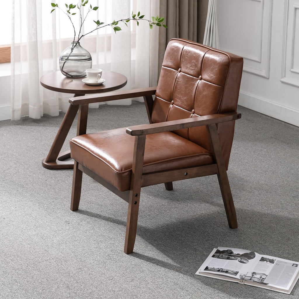 Accent Chairs Set of 2, Mid Century Modern Accent Chair, Retro Wood and Leather Armchairs Side Chair, Lounge Reading Comfy Arm Chair for Living Room, Bedroom, Office(Brown)