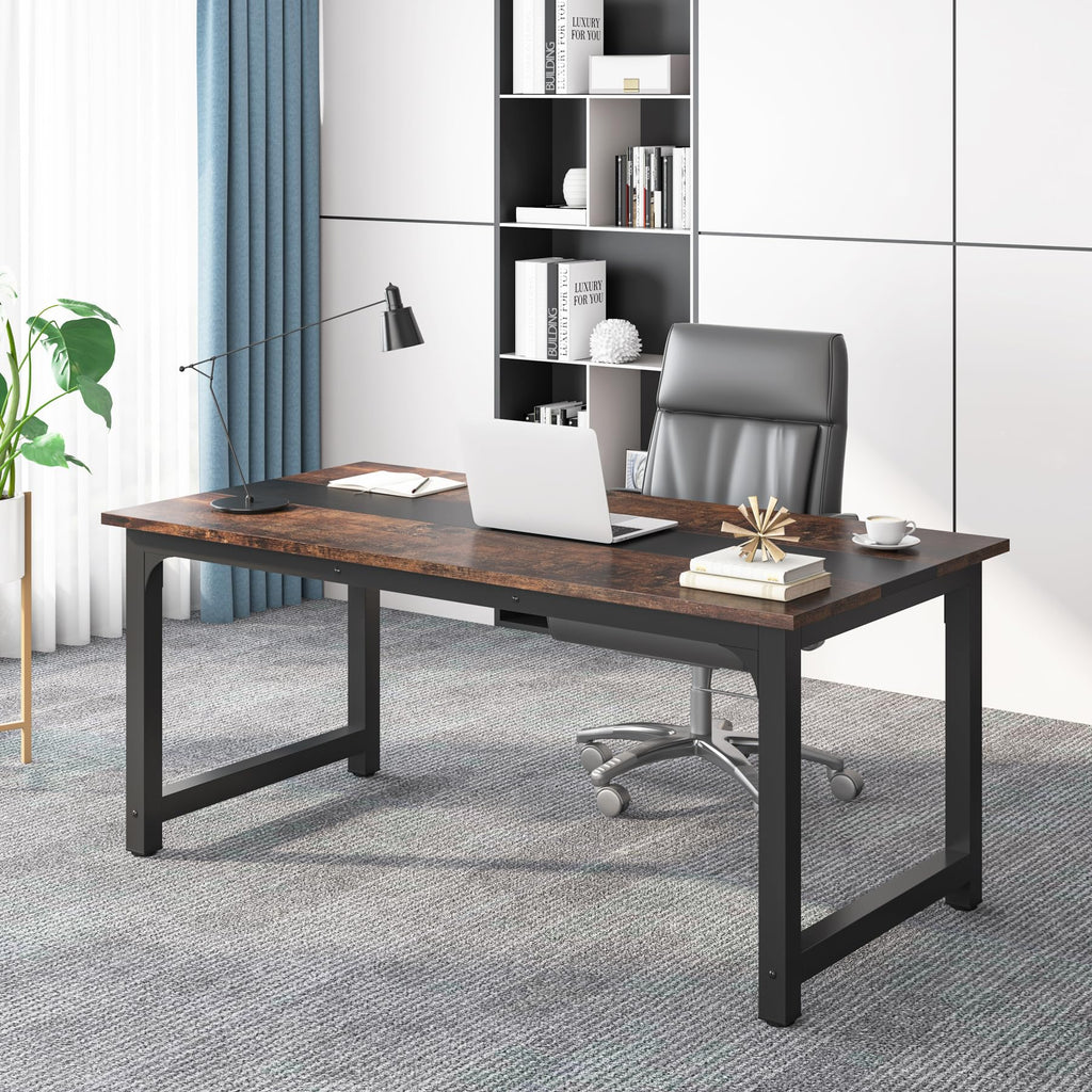 63” Executive Desk, Large Office Computer Desk with Thicken Frame, Modern Simple Workstation Business Furniture for Home Office, Vintage Brown/Black