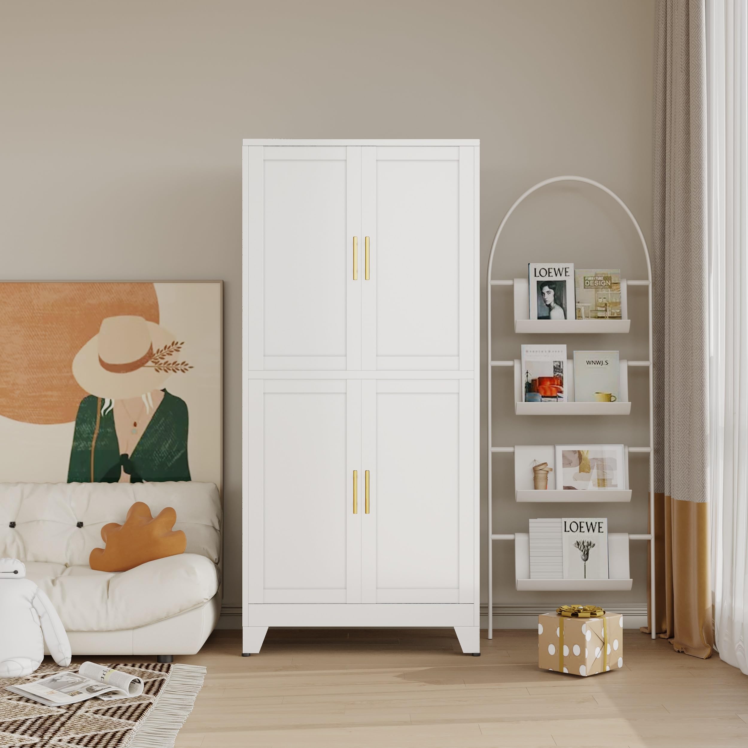 47” White Metal Storage Cabinet, Kitchen Pantry Cabinet