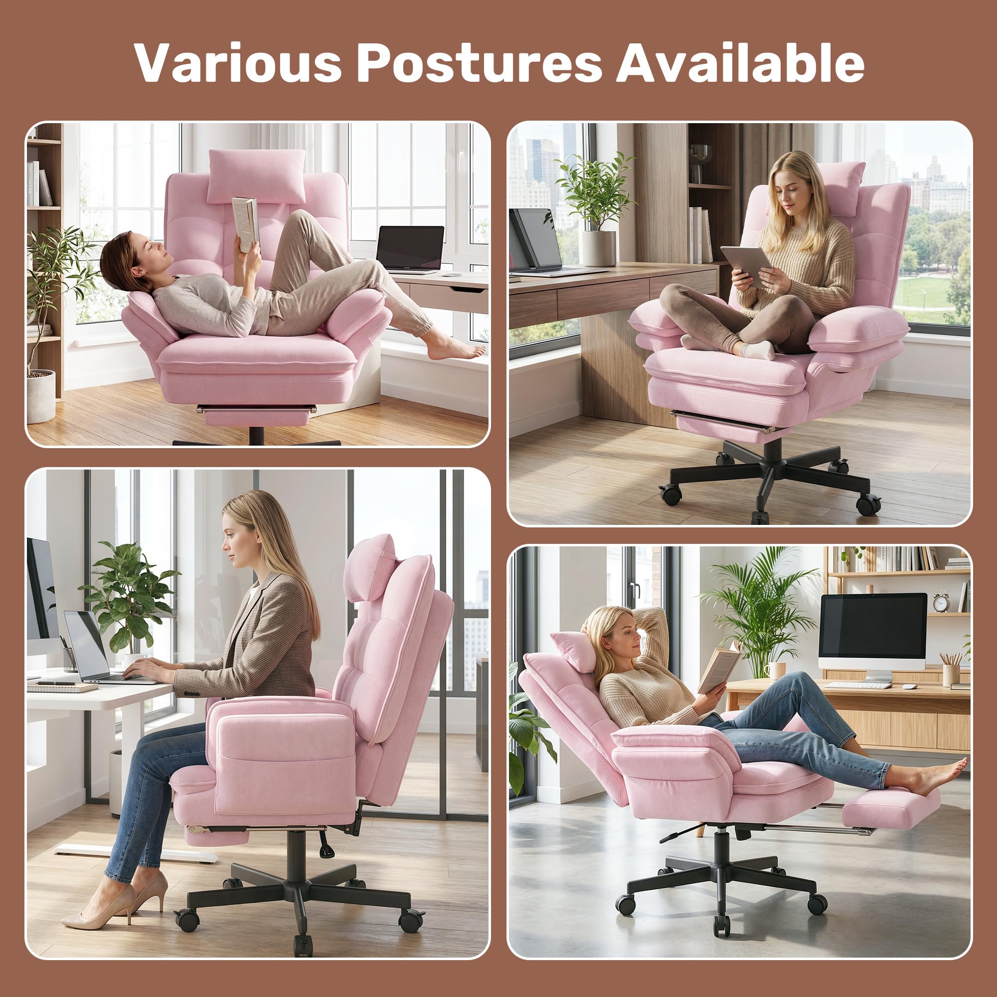 Criss Cross Office Chair with Foot Rest, Big and Tall Criss Cross Chair with Flip-Up Arms and Headrest, 135° Reclining Swivel Velvet Cross Legged Office Chair with Wheels, Cloud Chair for Home (Pink)