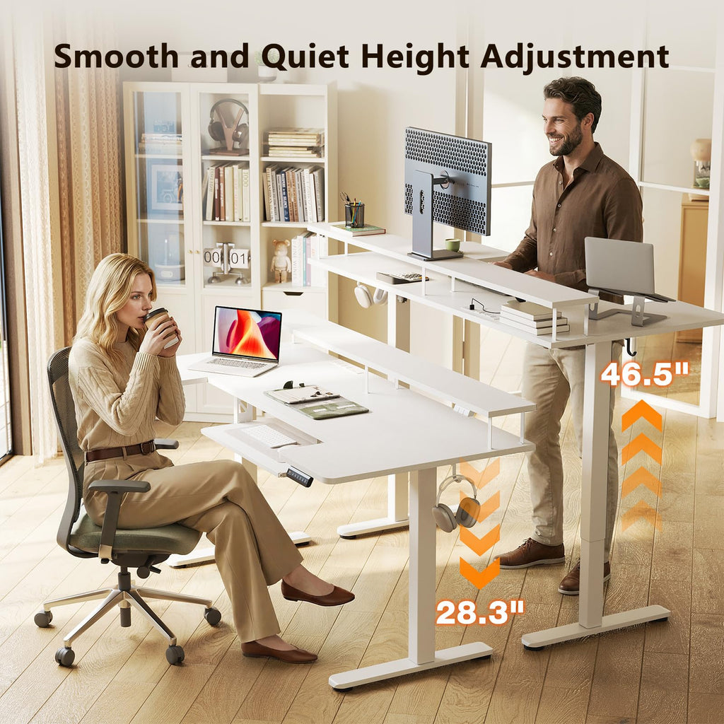 U Shaped Electric Standing Desk with Keyboard Tray, 63 Inch Height Adjustable Desk with Power Outlets & LED Lights, Sit Stand Table with Monitor Stand for Home, Office, White