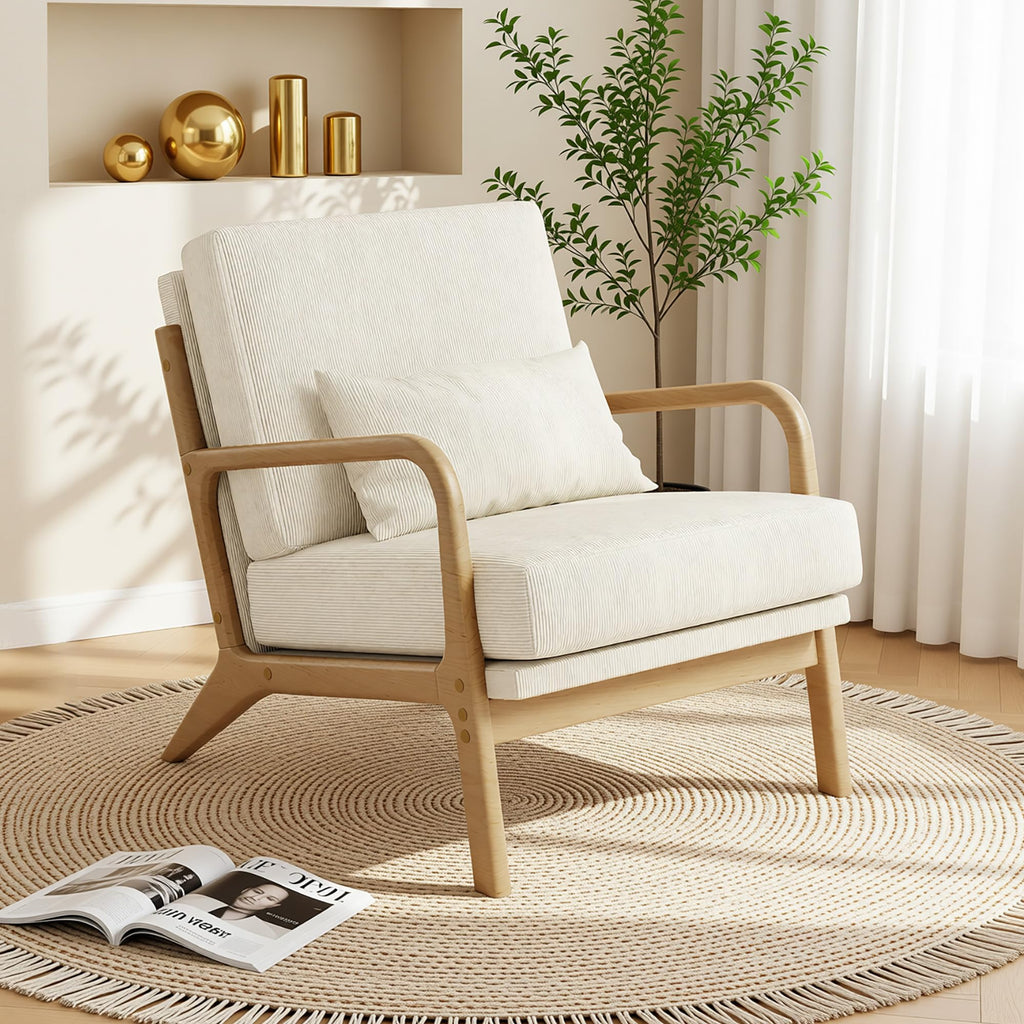 Mid-Century Modern Accent Chair, Armchair with Solid Wood Frame & Lumbar Pillow, Comfy Upholstered Lounge Chair for Office, Bedroom, Corduroy, Beige