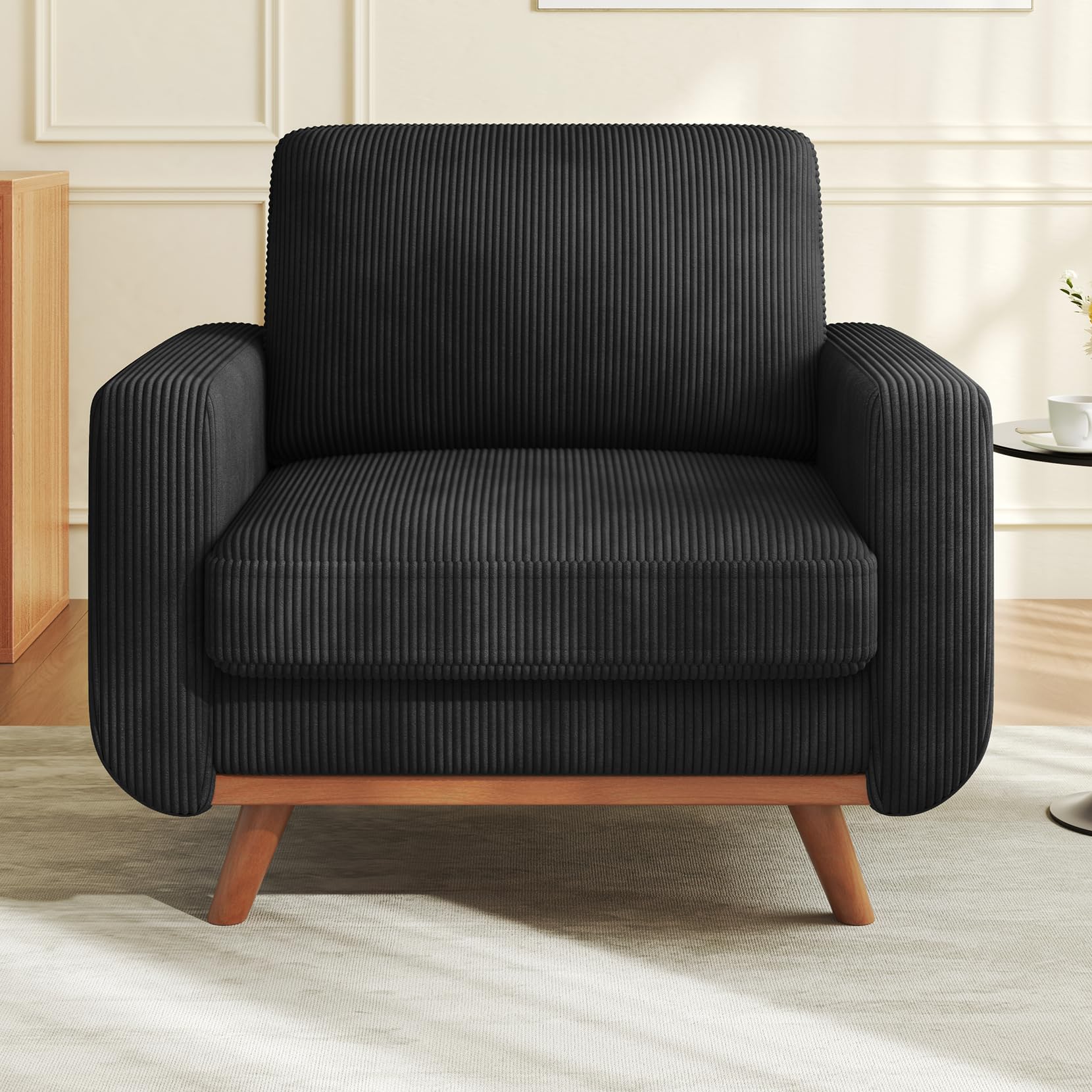 38.5" Accent Chair Black, Comfy Corduroy Single Sofa Seat with Spring Cushion, Upholstered Armchair with Deep Seat, Reading Chair for Adults, Modern Sofa for Living Room, Bedroom