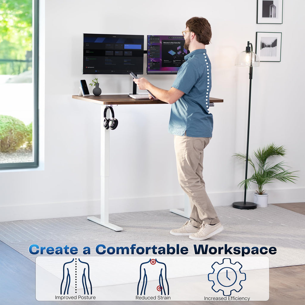 Electric 48 x 30 in Rustic Standing Desk, Memory Height Adjustment, 1B Series, Holds 220 lbs, One-Piece Vintage Brown Top, White Frame