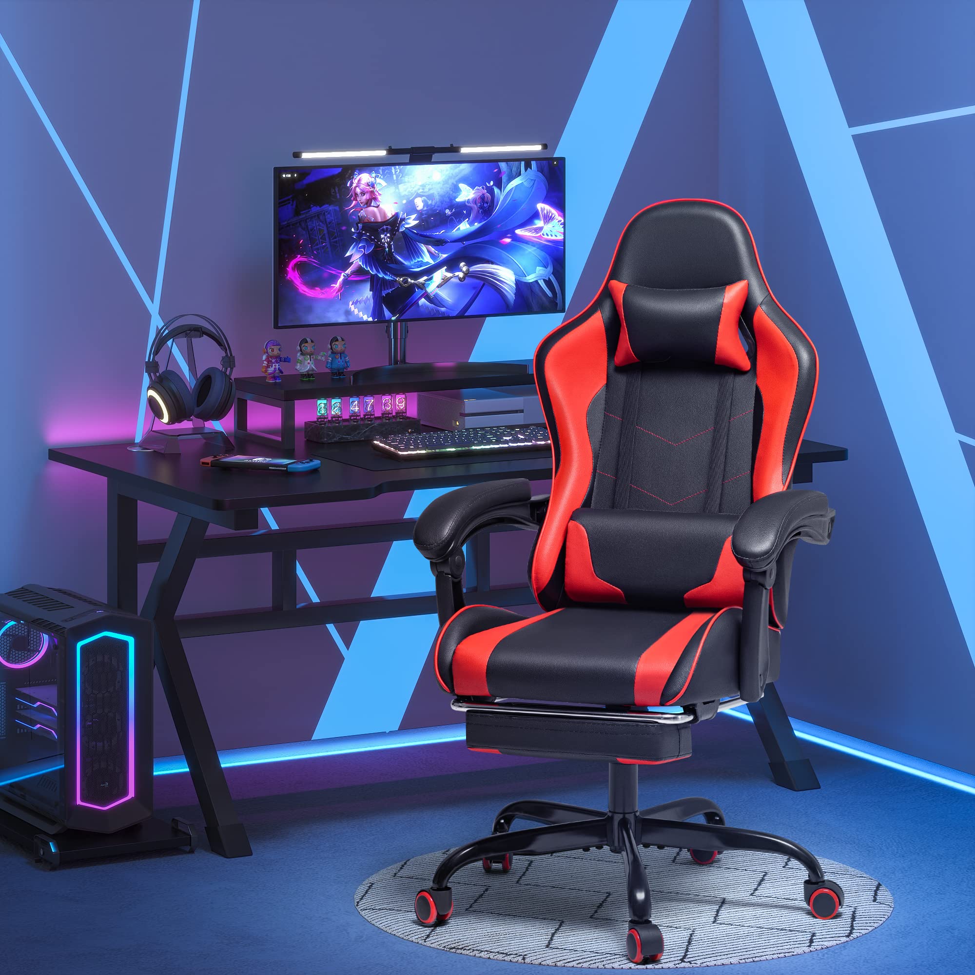 Gaming Chair, Video Game Chair with Footrest and Massage Lumbar Support, Ergonomic Computer Chair Height Adjustable with Swivel Seat and Headrest (Red)