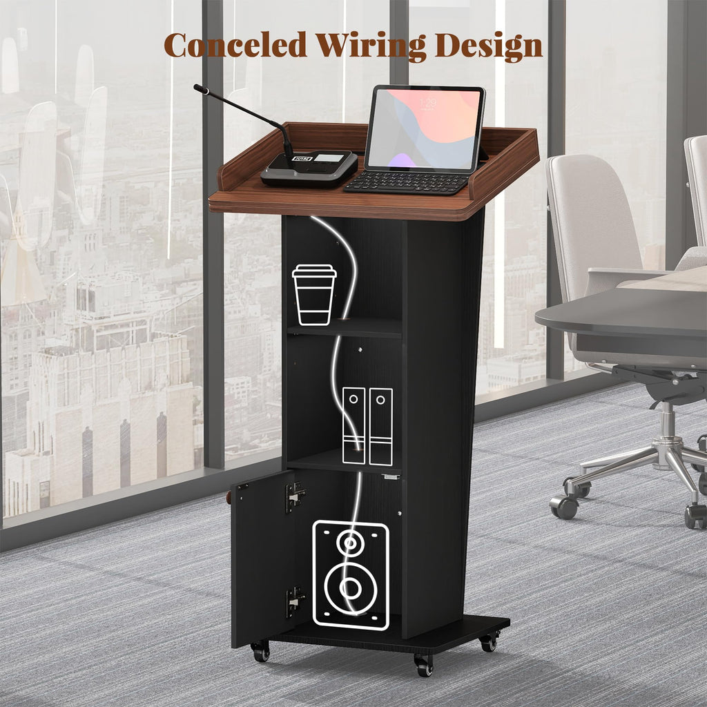 Mobile Podium Stand with Metal Wheels, Wooden Pulpit with 15° Tilted Desktop and Storage Cabinet, Built-in Cable Hole Lectern Desk for Office Classroom Lecture Restaurant Church Presentations