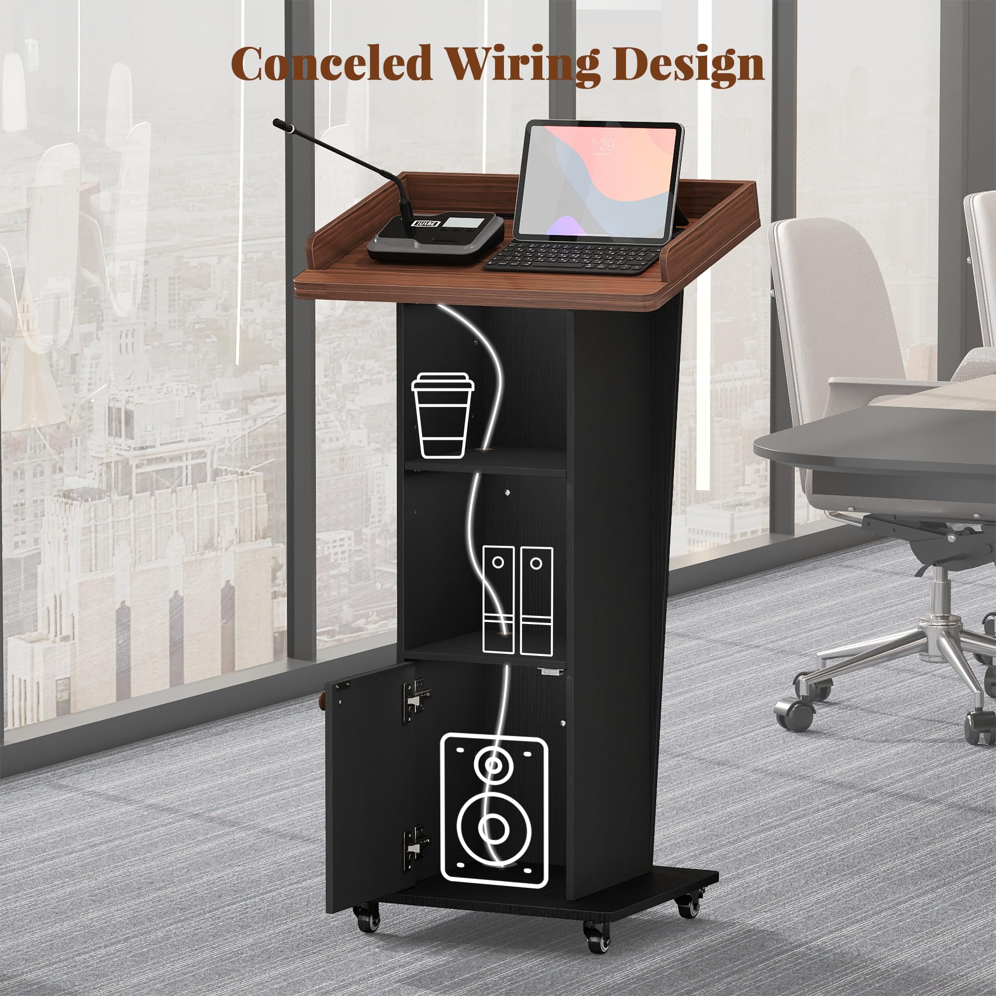 Mobile Podium Stand with Metal Wheels, Wooden Pulpit with 15° Tilted Desktop and Storage Cabinet, Built-in Cable Hole Lectern Desk for Office Classroom Lecture Restaurant Church Presentations