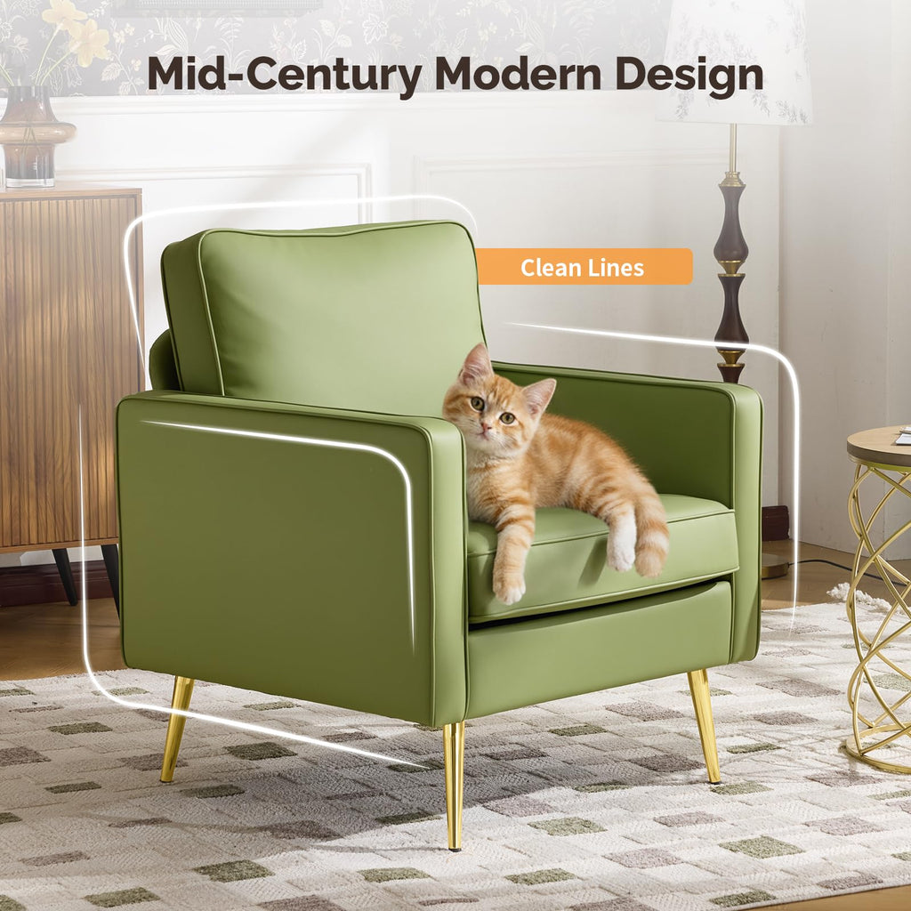 Modern PU Leather Accent Chairs Set of 2, Single Sofa Chair with Pocket Coil Seat, Metal Backrest & Solid Wood Frame, Upholstered Armchair for Office, Living Room, Bedroom
