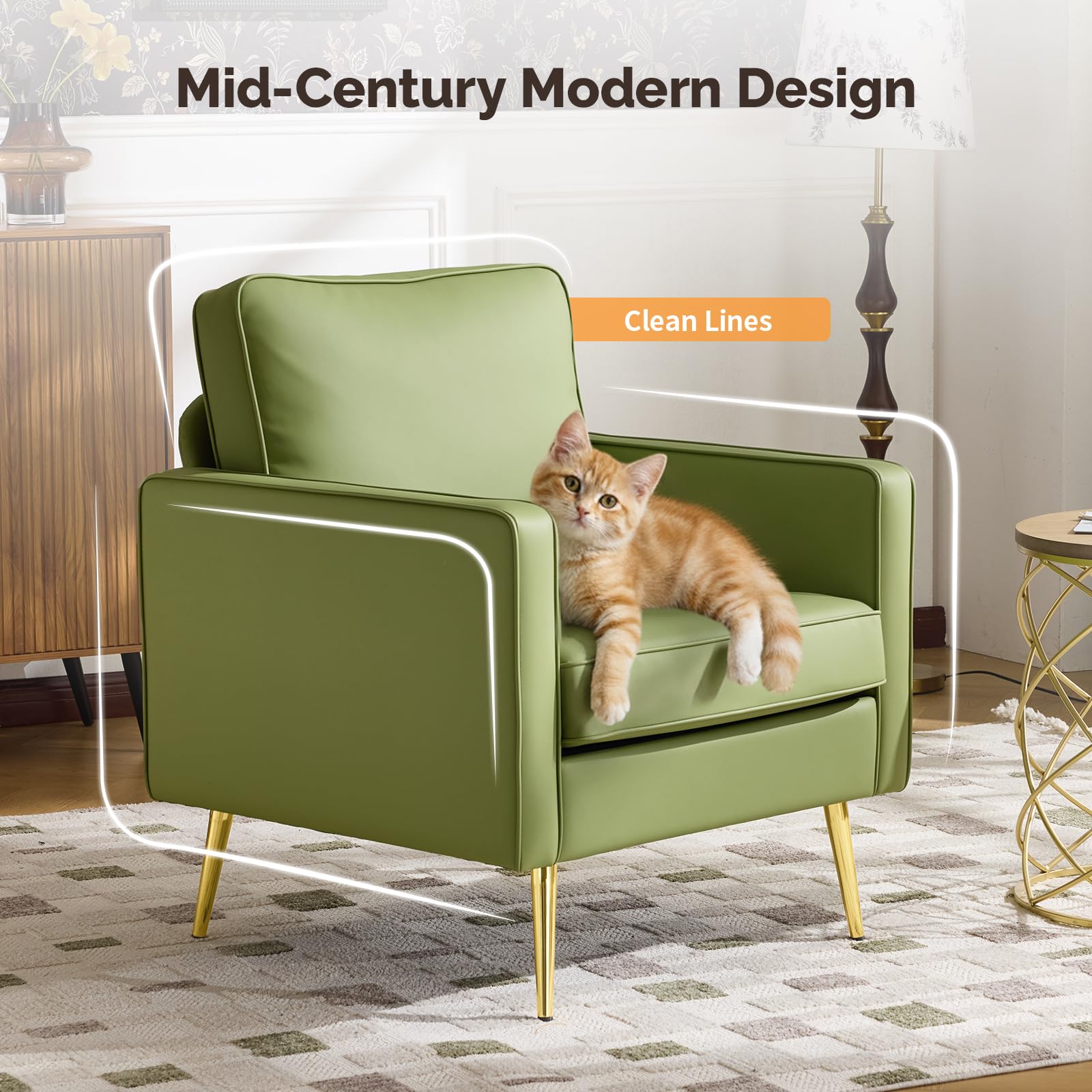 Modern PU Leather Accent Chairs Set of 2, Single Sofa Chair with Pocket Coil Seat, Metal Backrest & Solid Wood Frame, Upholstered Armchair for Office, Living Room, Bedroom