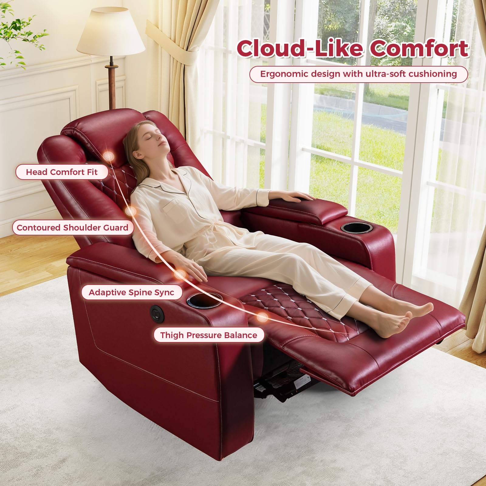 Power Recliner Chair with USB Ports and Cup Holders - Overstuffed Electric Home Theater Seating PU Leather Reclining Furniture with Hidden Arm Storage, Easy to Clean (Red)
