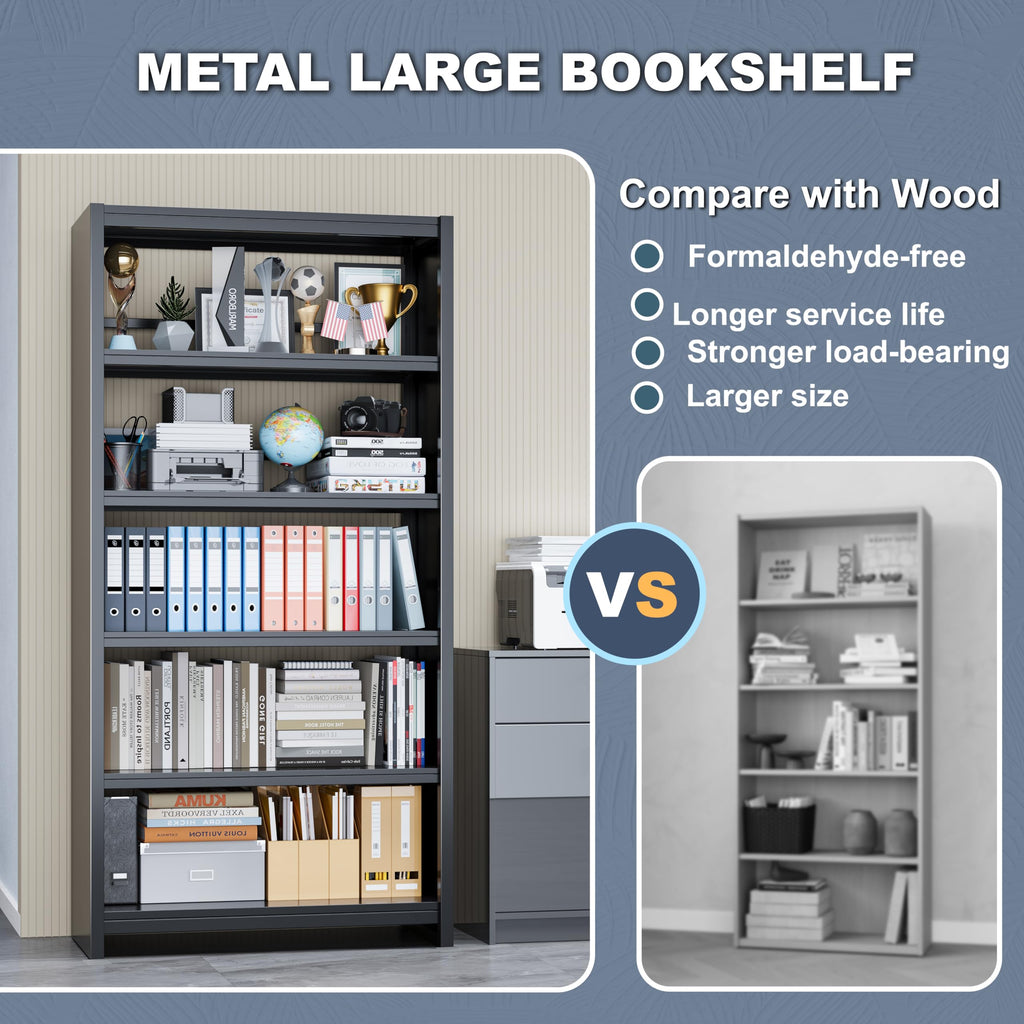 5 Tier Metal Bookshelf, Black 69" Tall Bookcase, Large Heavy Duty Book Shelves, Industrial Wide Book Shelves, Display Storage Shelves for Library Bedroom Living Room Office
