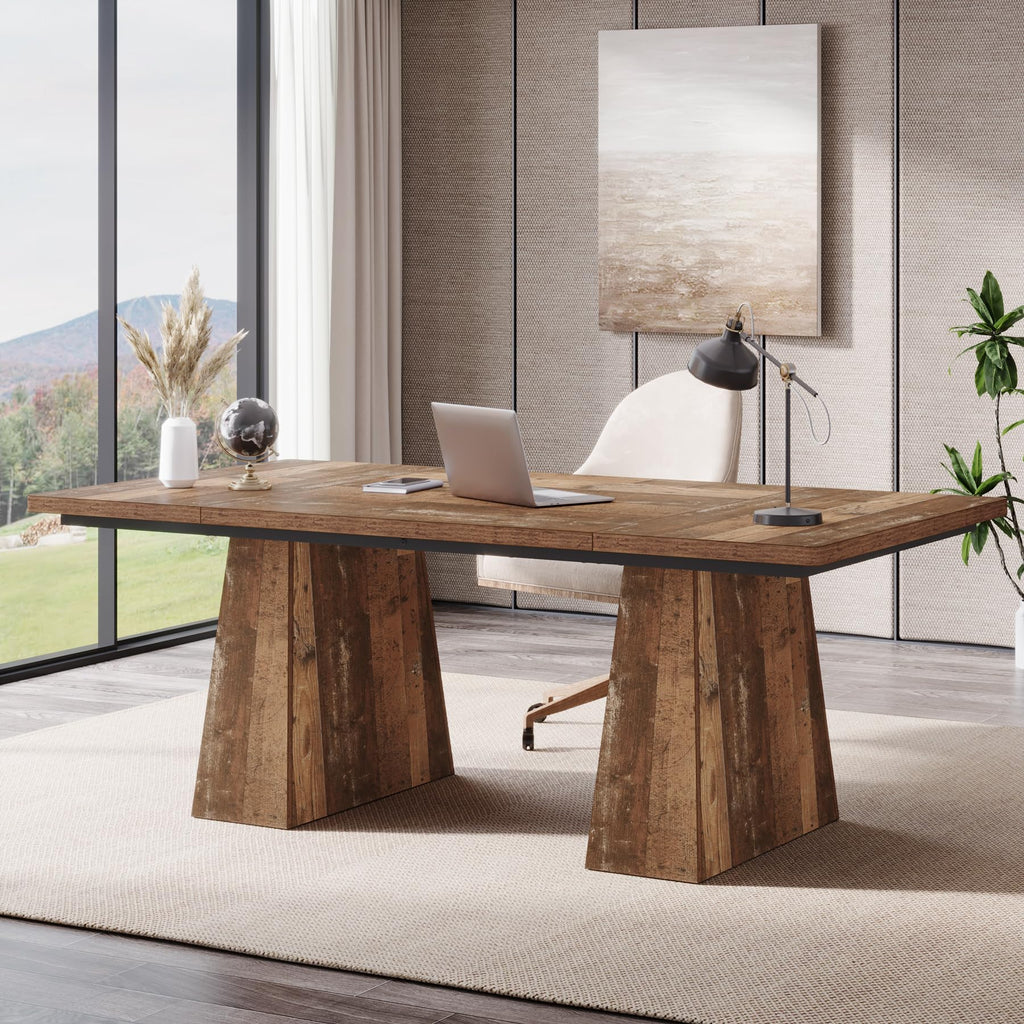 63-Inch Executive Desk, Large Office Computer Desk with Double Pedestal, Modern Simple Workstations Writing Table Conference Table Business Furniture for Home Office, Espresso Brown