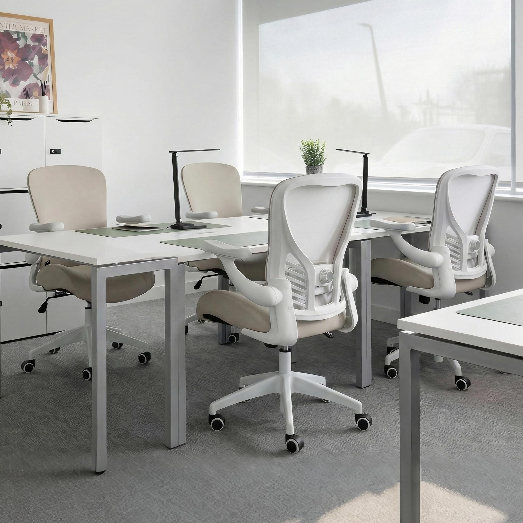 (Pack of 5, Pale Gray) Executive Office Chair, Thick Padded PU Leather Desk Chair with Adjustable Lumbar Support and 3D Armrests, Easy-Clean for Home Office and Study Room