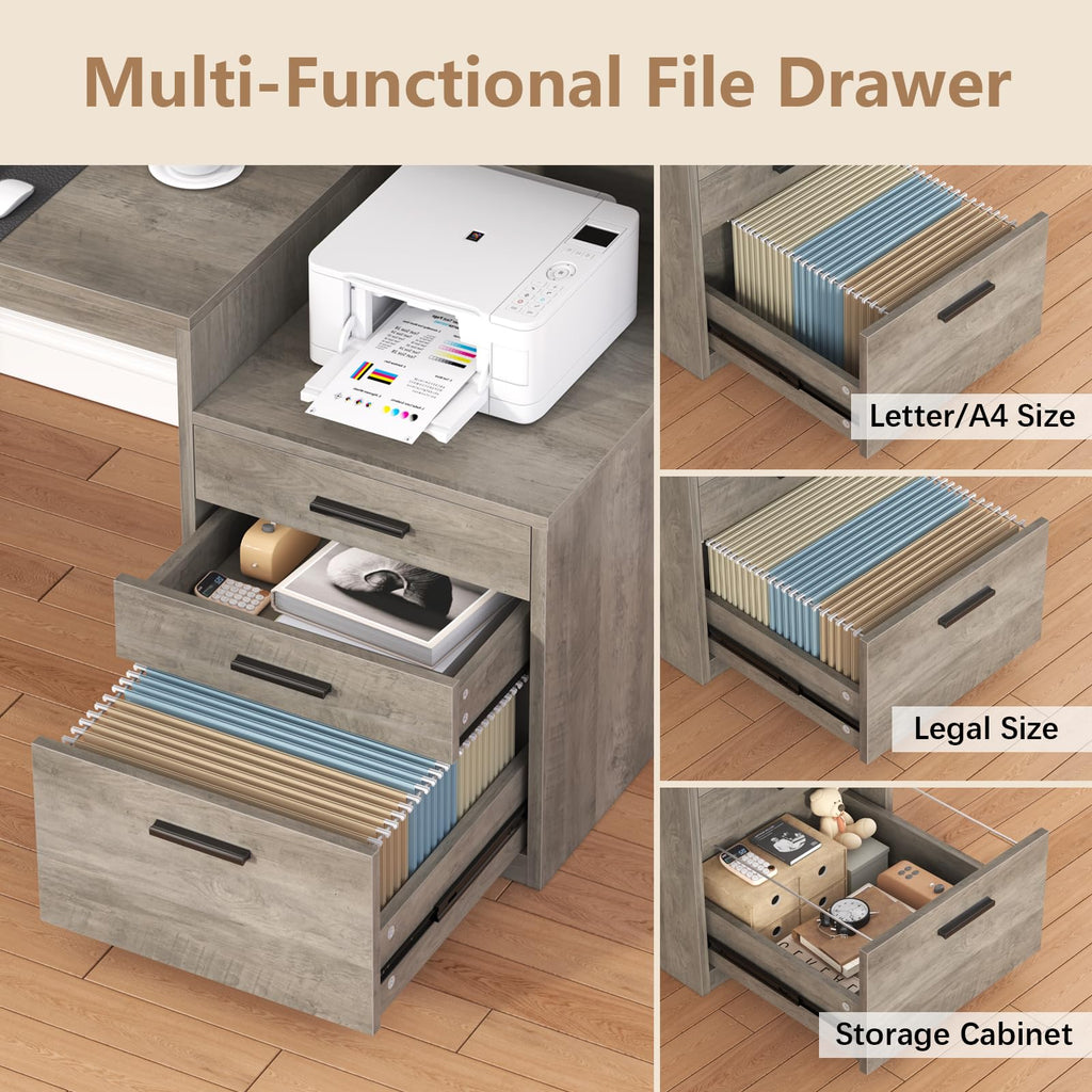 Computer Desk with 3 Drawers & Storage Shelves, 65 Inch Home Office Desk with File Drawer & Cabinet, Writing Study Desks with Monitor Stand & Printer Shelf, Executive Desk, Grey