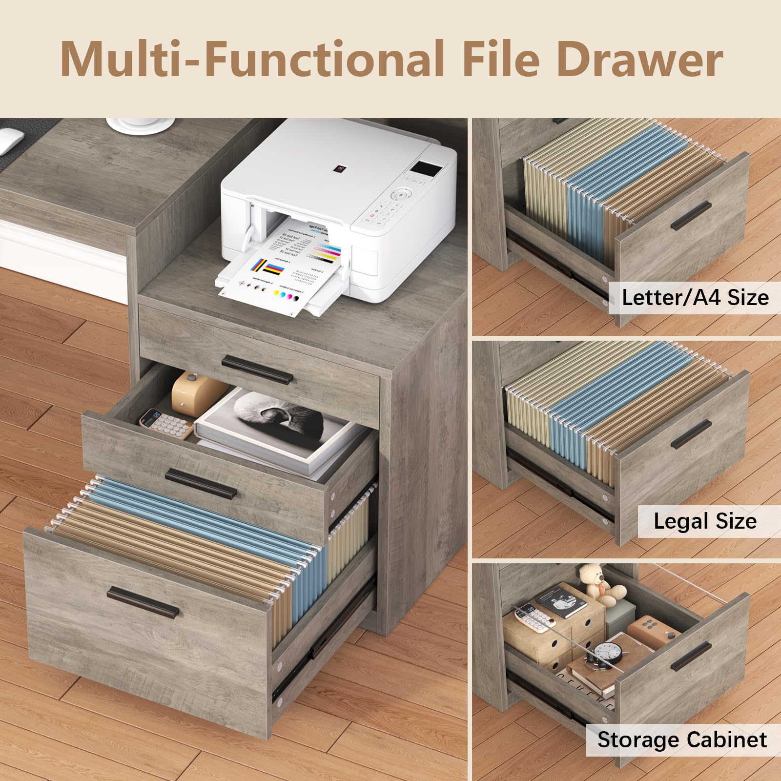 Computer Desk with 3 Drawers & Storage Shelves, 65 Inch Home Office Desk with File Drawer & Cabinet, Writing Study Desks with Monitor Stand & Printer Shelf, Executive Desk, Grey