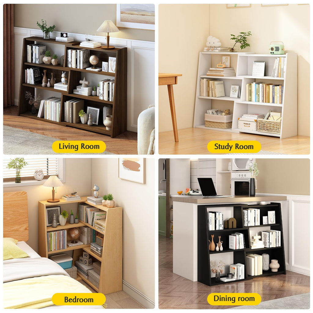 Wooden Extendable Shelf Bookcase, 3-Tier Low Bookshelf, Walnut, L
