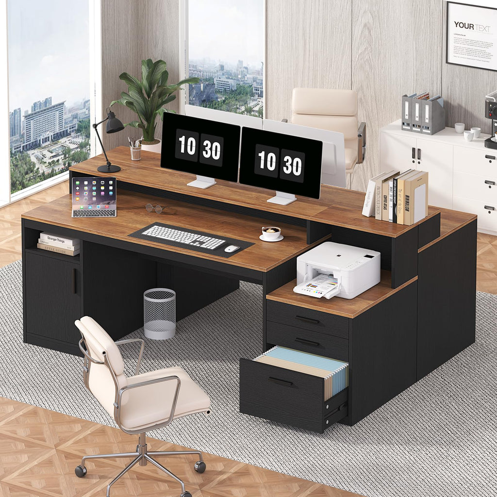 Computer Desk with 3 Drawers & Storage Shelves, 65 Inch Home Office Desk with File Drawer & Cabinet, Writing Study Desks with Monitor Stand & Printer Shelf, Executive Desk, Brown and Black