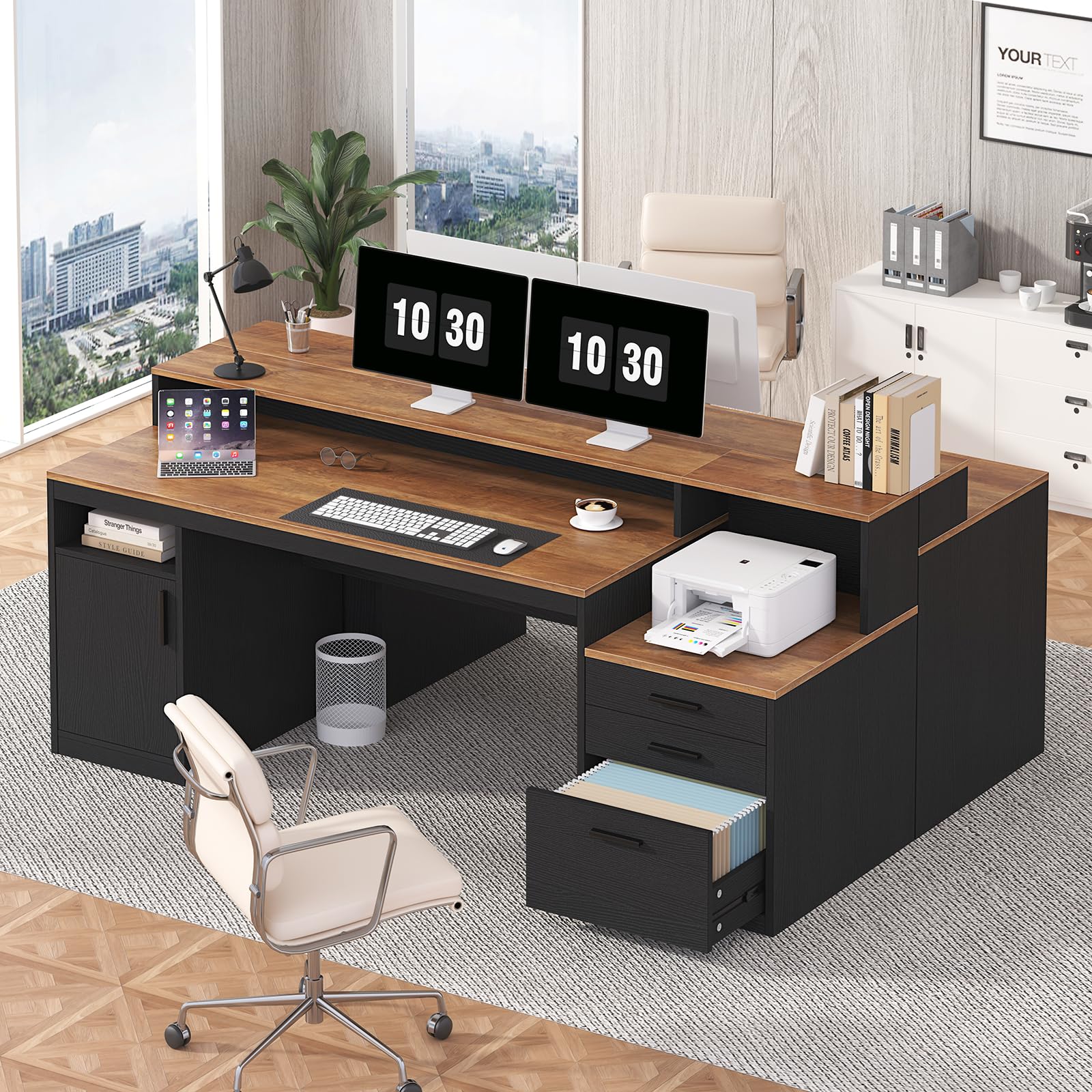Computer Desk with 3 Drawers & Storage Shelves, 65 Inch Home Office Desk with File Drawer & Cabinet, Writing Study Desks with Monitor Stand & Printer Shelf, Executive Desk, Brown and Black