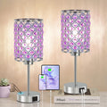 Purple Crystal Bedside Table Lamps Set of 2 with USB C+A Ports