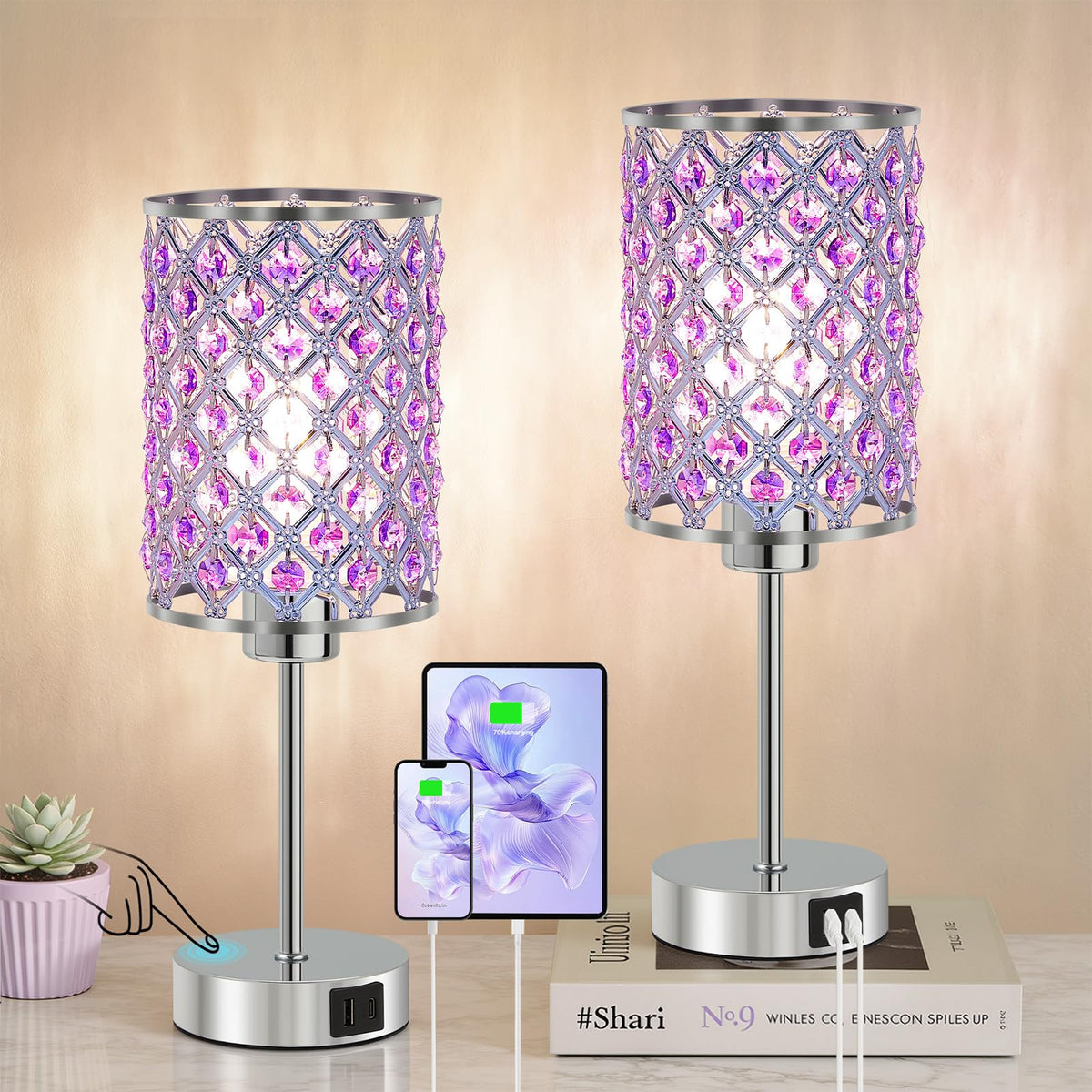 Purple Crystal Bedside Table Lamps Set of 2 with USB C+A Ports