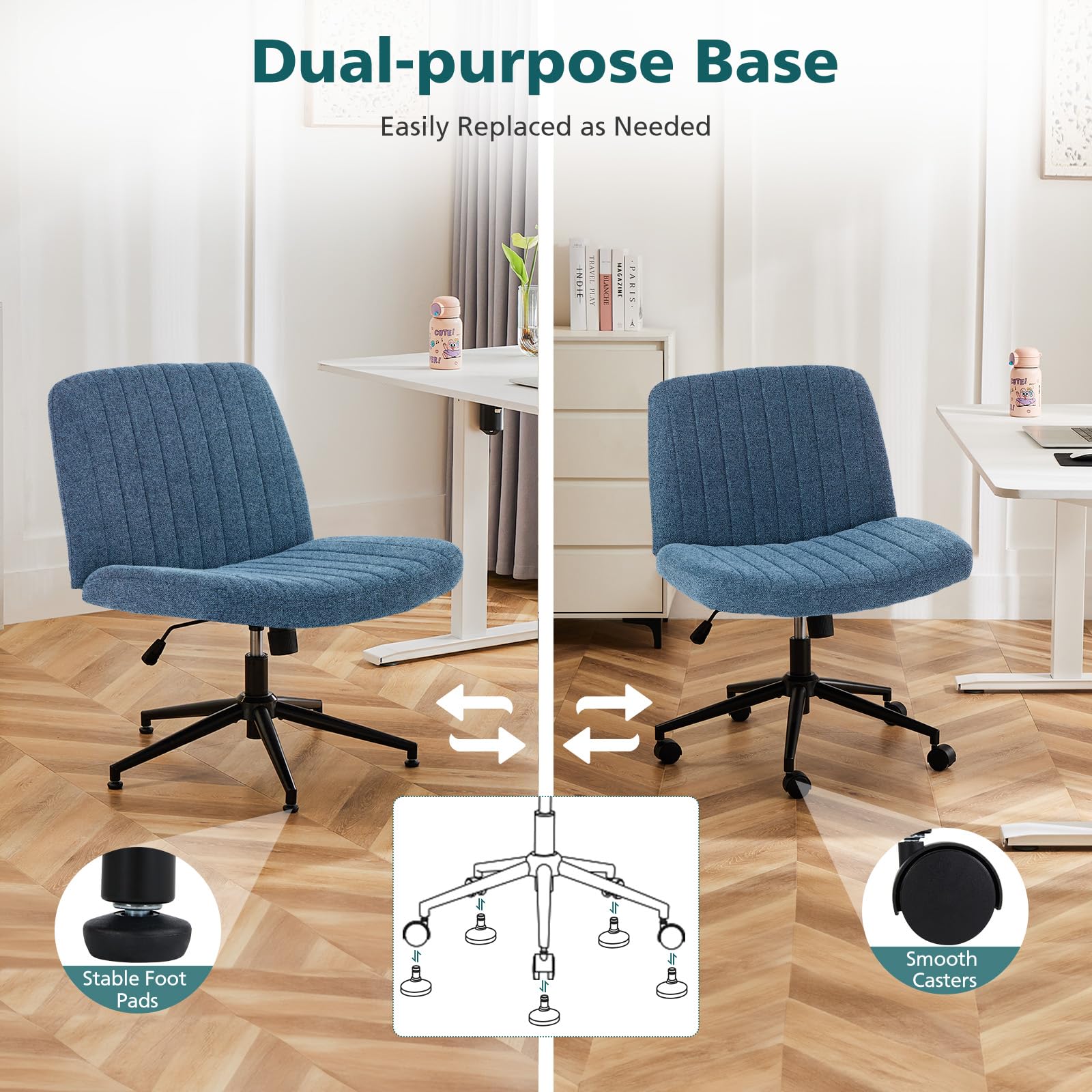 Criss Cross Chair with Wheels Wide Cross Legged Office Desk Vanity Chair Comfy Fabric Armless Height Adjustable Swivel for Home Computer Task Blue