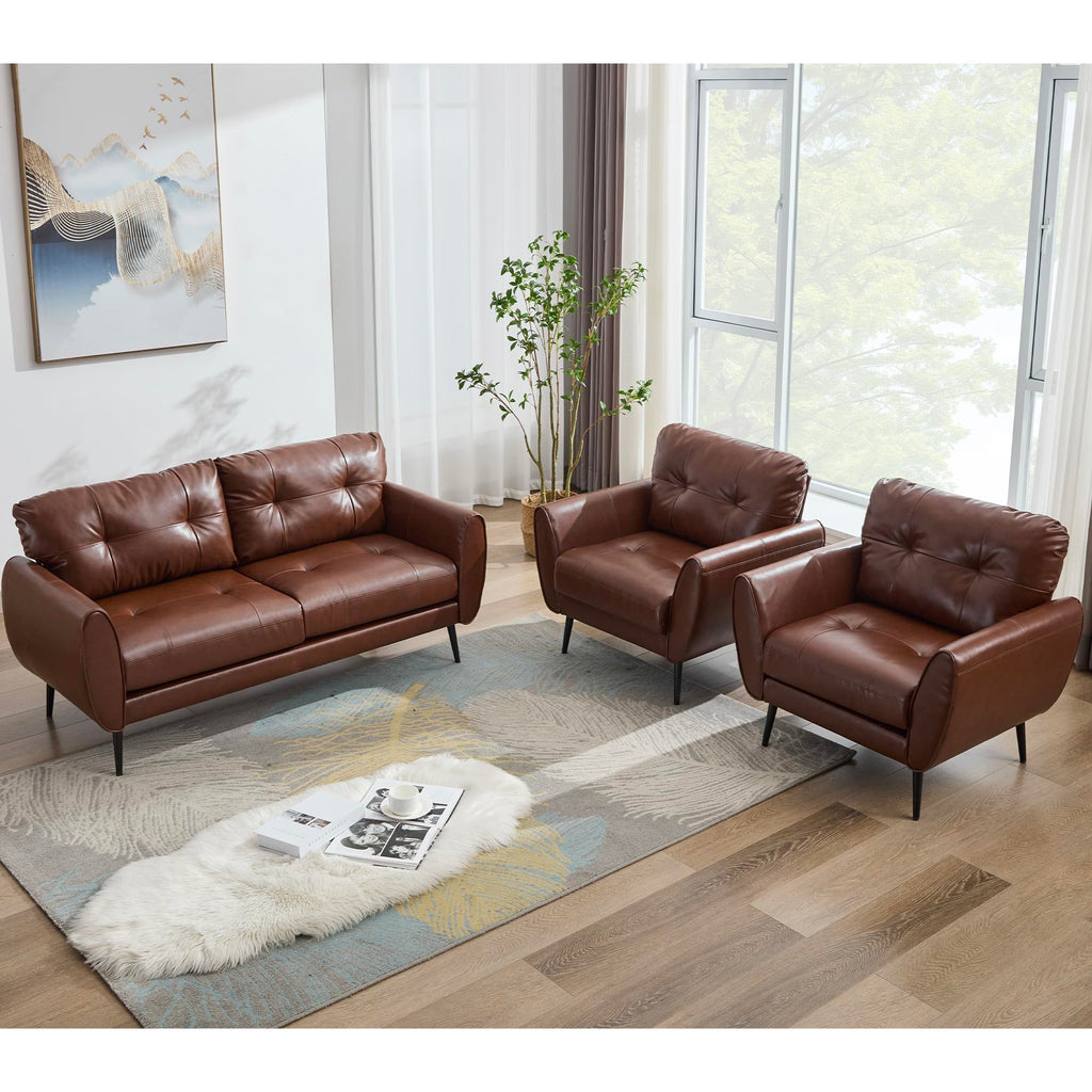Sofa Couch 61" Small Loveseat Couches for Living Room Leather Couch Mid Century Modern Tufted Mini Sofa Comfy Office 2 Seat Settee Love Seat Loveseat for Small Spaces Bedroom (3, Brown)