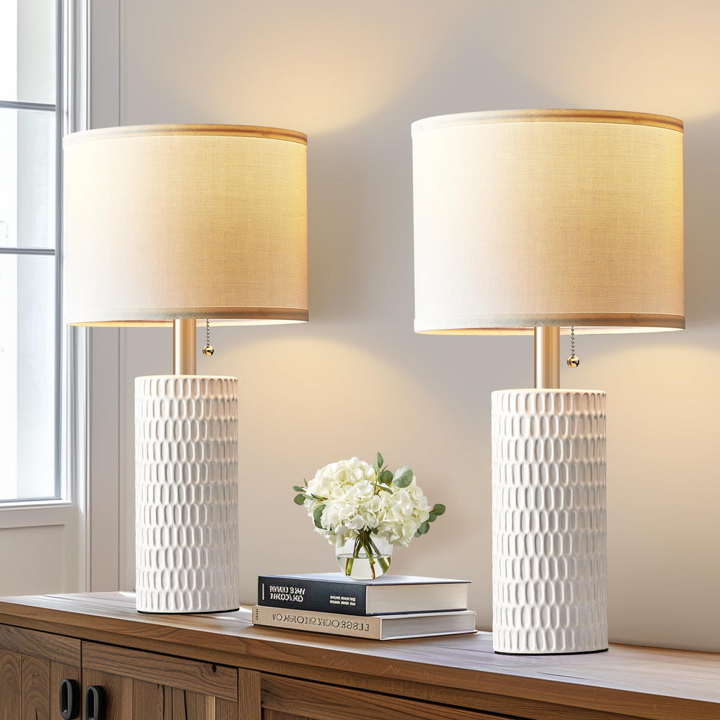 20" Modern Ceramic Table Lamps for Bedroom Set of 2, Small Table Lamps for Night Stands, Living Room, Home Office and Hallways, White