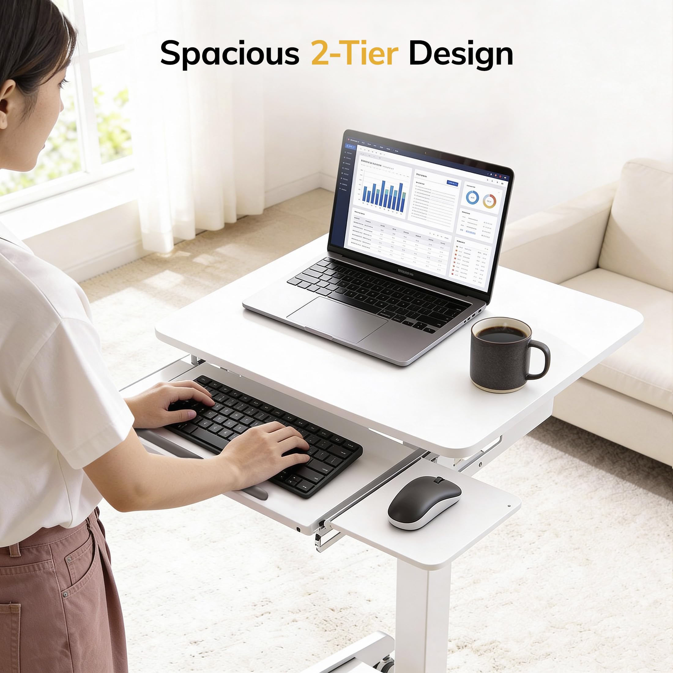Height Adjustable Rolling Laptop Desk with Keyboard Tray, Mobile Sit-Stand Computer Cart with Wheels, Small Standing Desk for Home, Office, or Classroom, 23.6" x 20.5", White