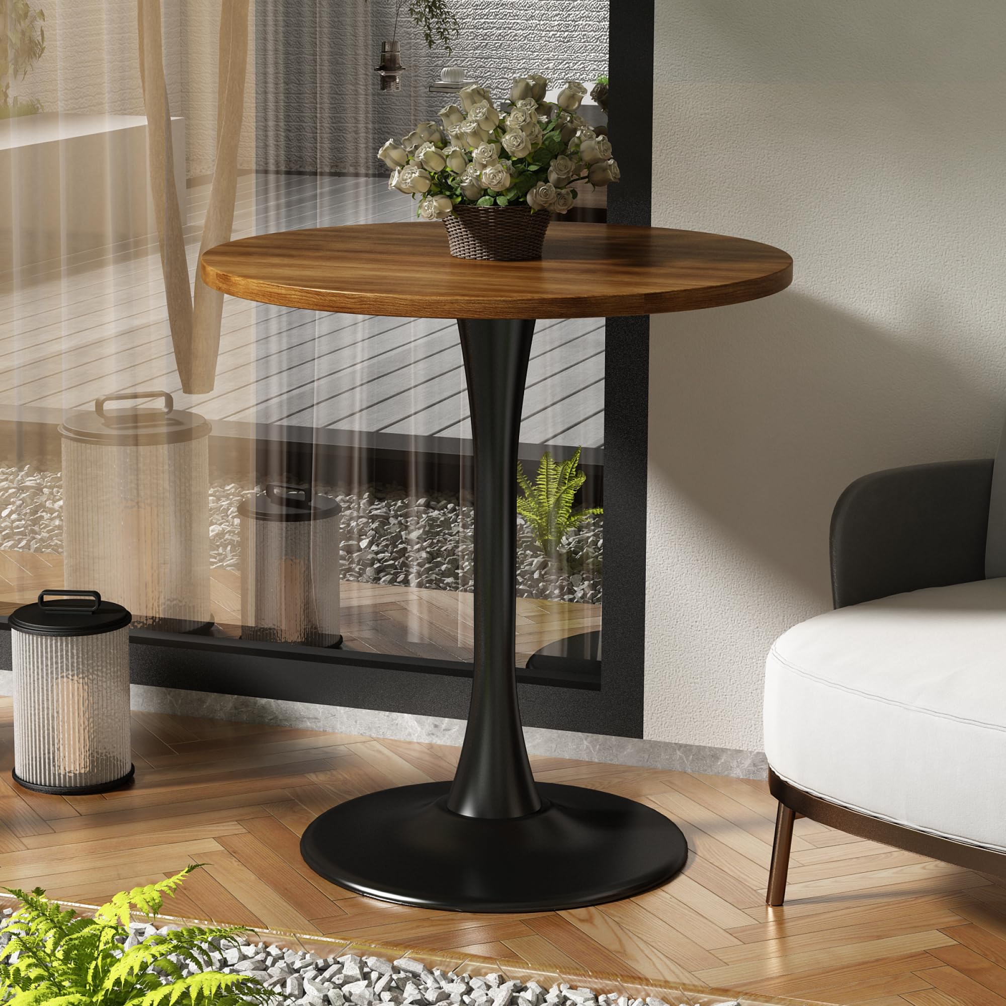 Kasinali Round Dining Table 27.5" Circle Tulip Table with Wood Thickened Tabletop & Sturdy Metal Pedestal Mid Century Modern Farmhouse Kitchen Tables for 4 Small Places Living Room Cafe,Somber Walnut