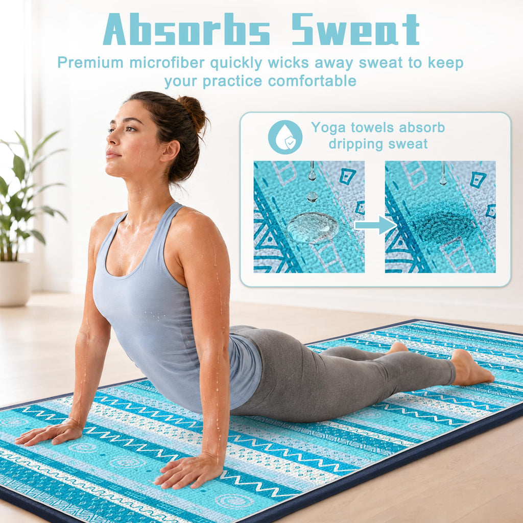 Yoga Towel,Absorbent Yoga Mat Towel for Hot Yoga Non Slip,Stylish Prints,Ideal for Workouts,Hot Yoga,Bikram,Pilates Equipment,72 x 27 in,Light Blue Triangle Geometry